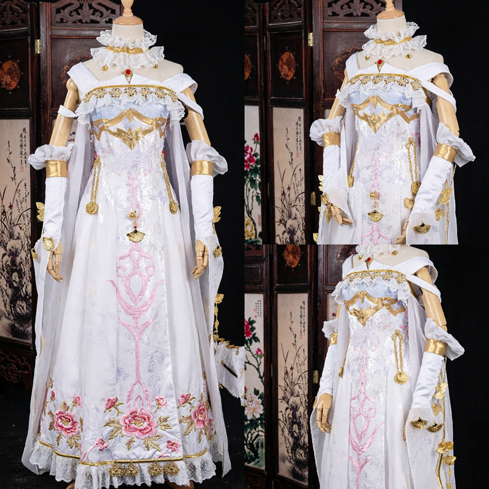 Elegant White Chinese Fantasy Princess Hanfu Costume with Gold Embroidery for Women Cosplay Performance - Asian Costume