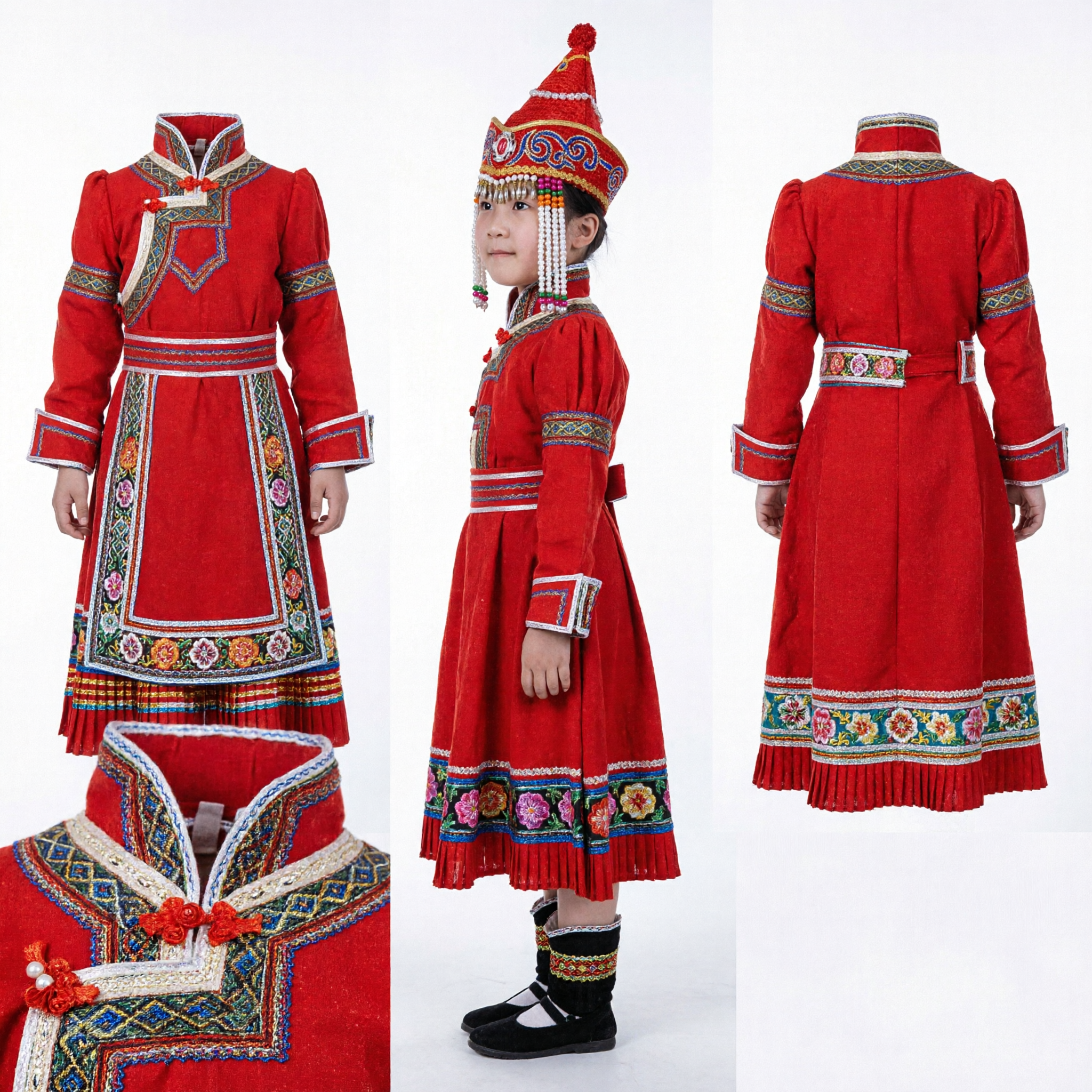 Traditional Mongolian Red Dance Costume for Girls Kids Folk Performance Dress with Embroidered Hat - Asian Costume