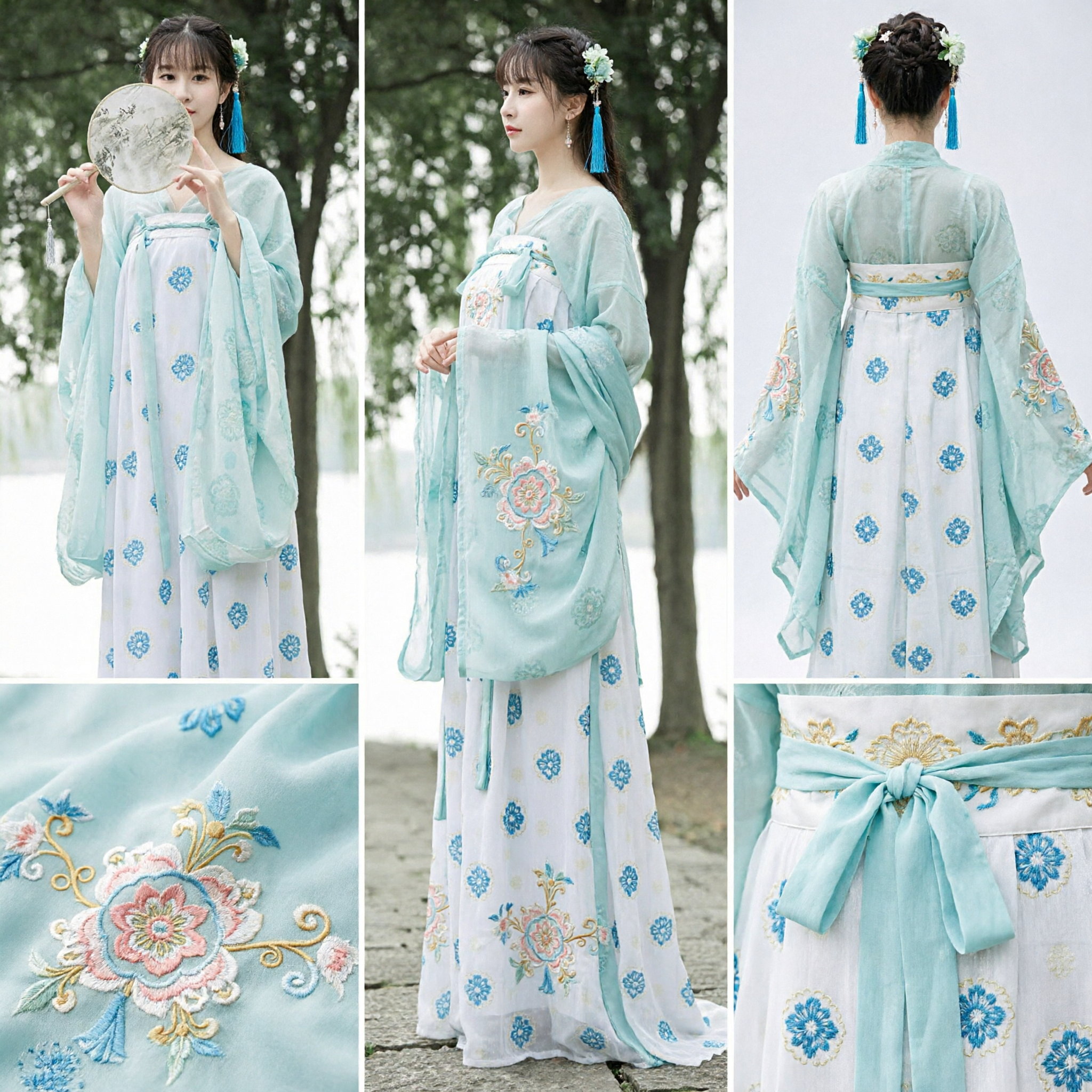 Elegant Blue Floral Traditional Chinese Hanfu Dress Ancient Costume for Women Photography and Festivals - Asian Costume
