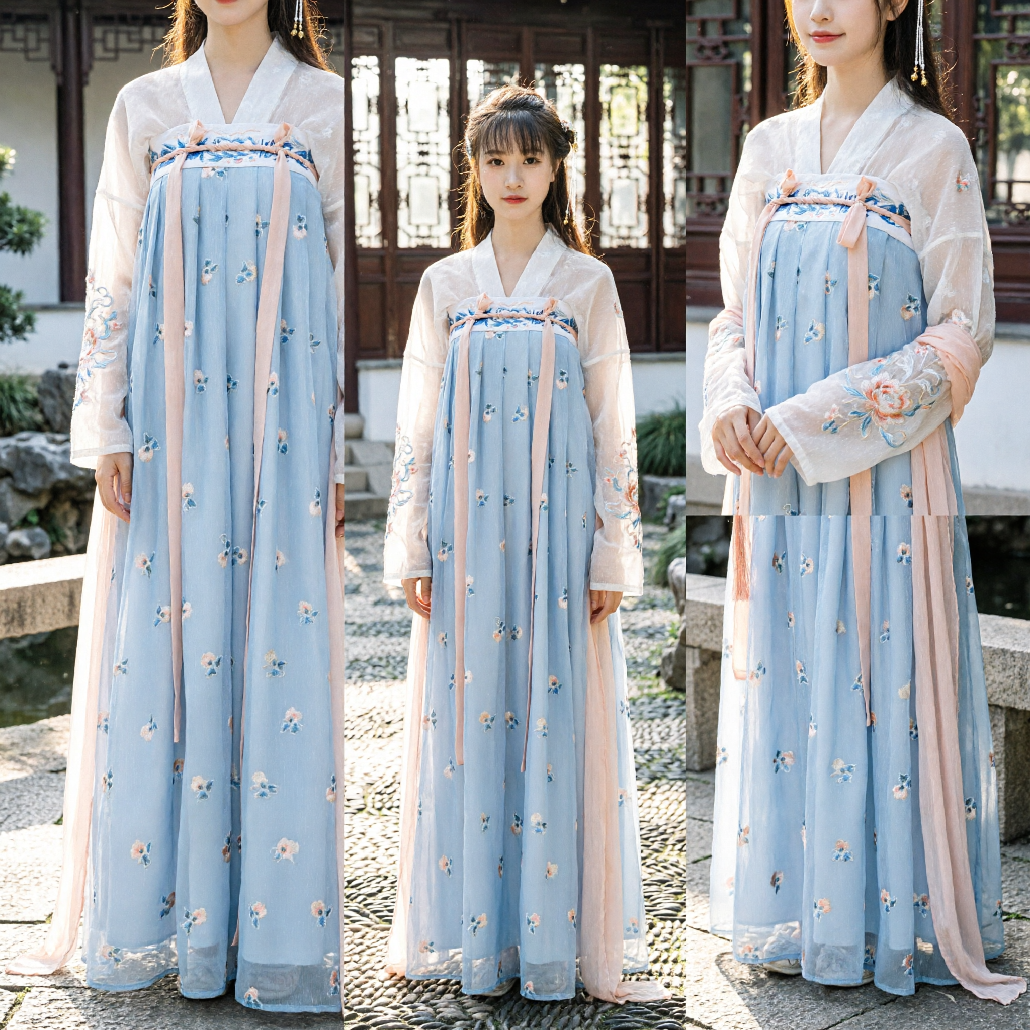 Traditional Chinese Hanfu Blue Floral Embroidered High Waist Ruqun Ancient Fairy Costume for Women - Asian Costume