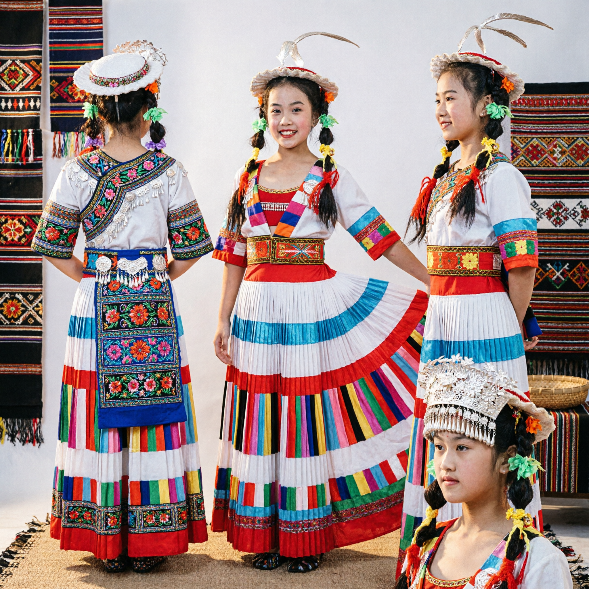 Traditional Chinese Folk Dance Costume for Women Colorful Striped Tibetan Style Stage Performance Dress Complete Set - Asian Costume