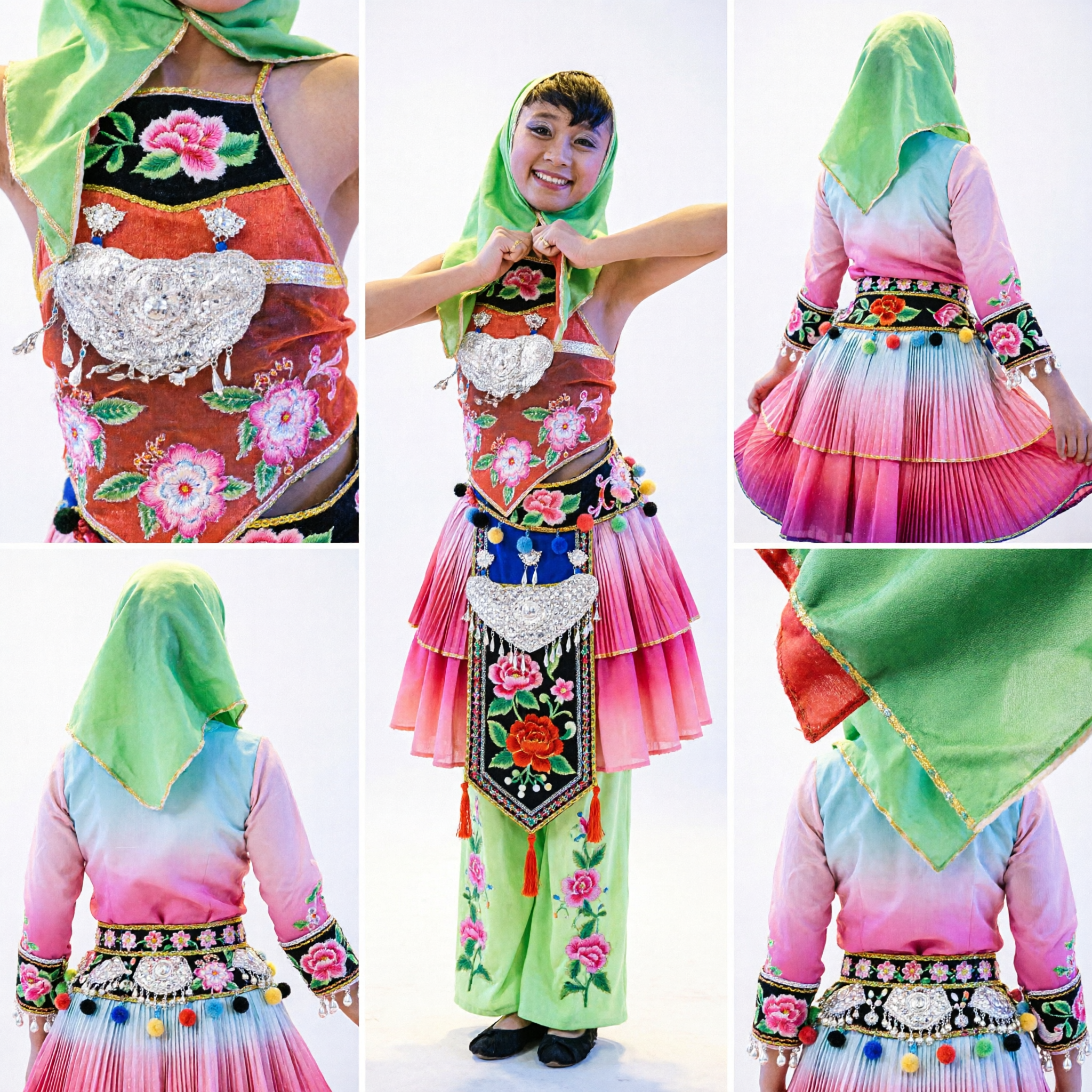 Traditional Chinese Folk Dance Costume for Women Red Floral Vest Green Trousers Headscarf Stage Performance Outfit - Asian Costume