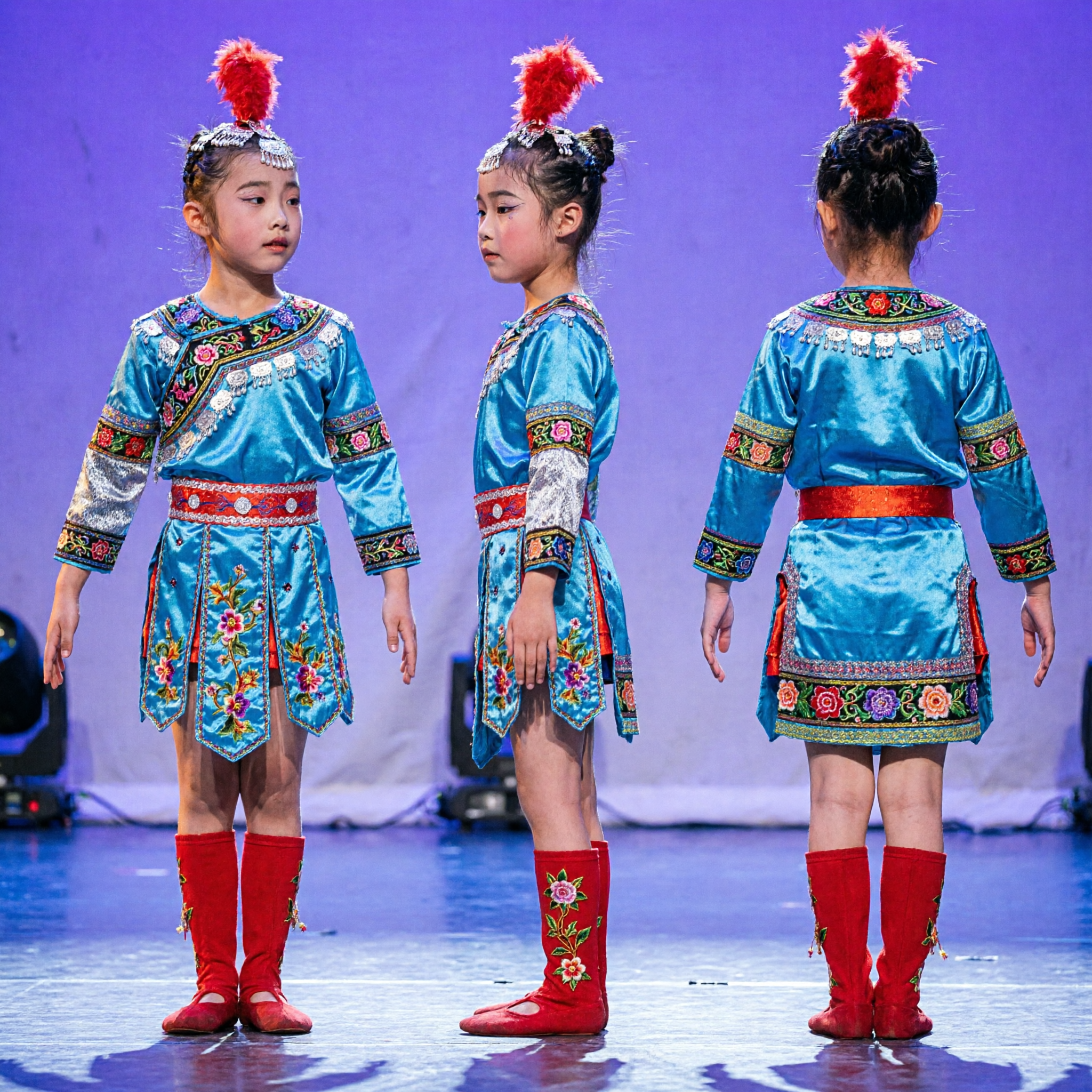 Girls Blue Floral Chinese Folk Dance Costume Kids Yangge Drum Dance Stage Performance Outfit - Asian Costume