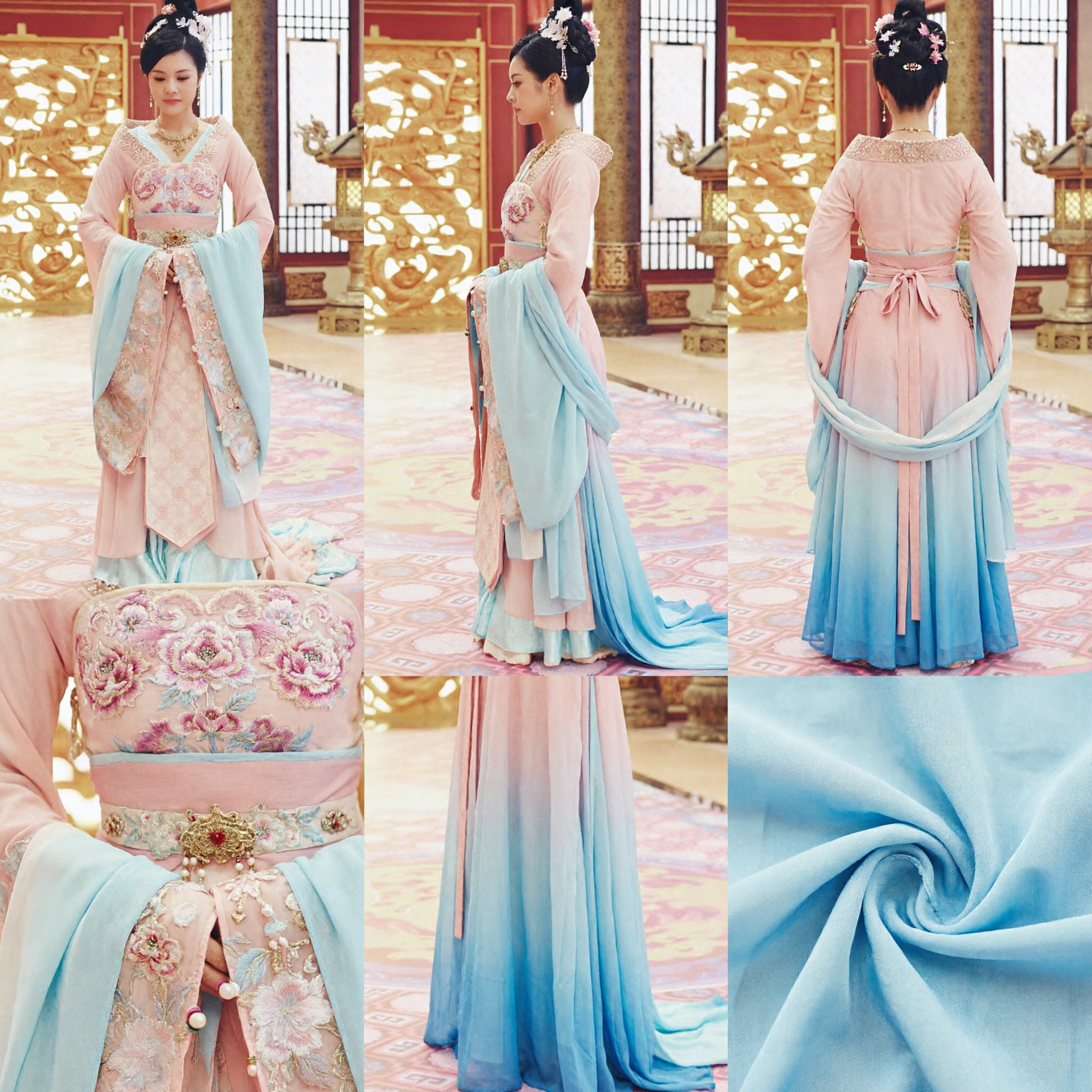Traditional Chinese Tang Dynasty Princess Hanfu Costume Pink and Blue Embroidered Palace Lady Dress for Women - Asian Costume