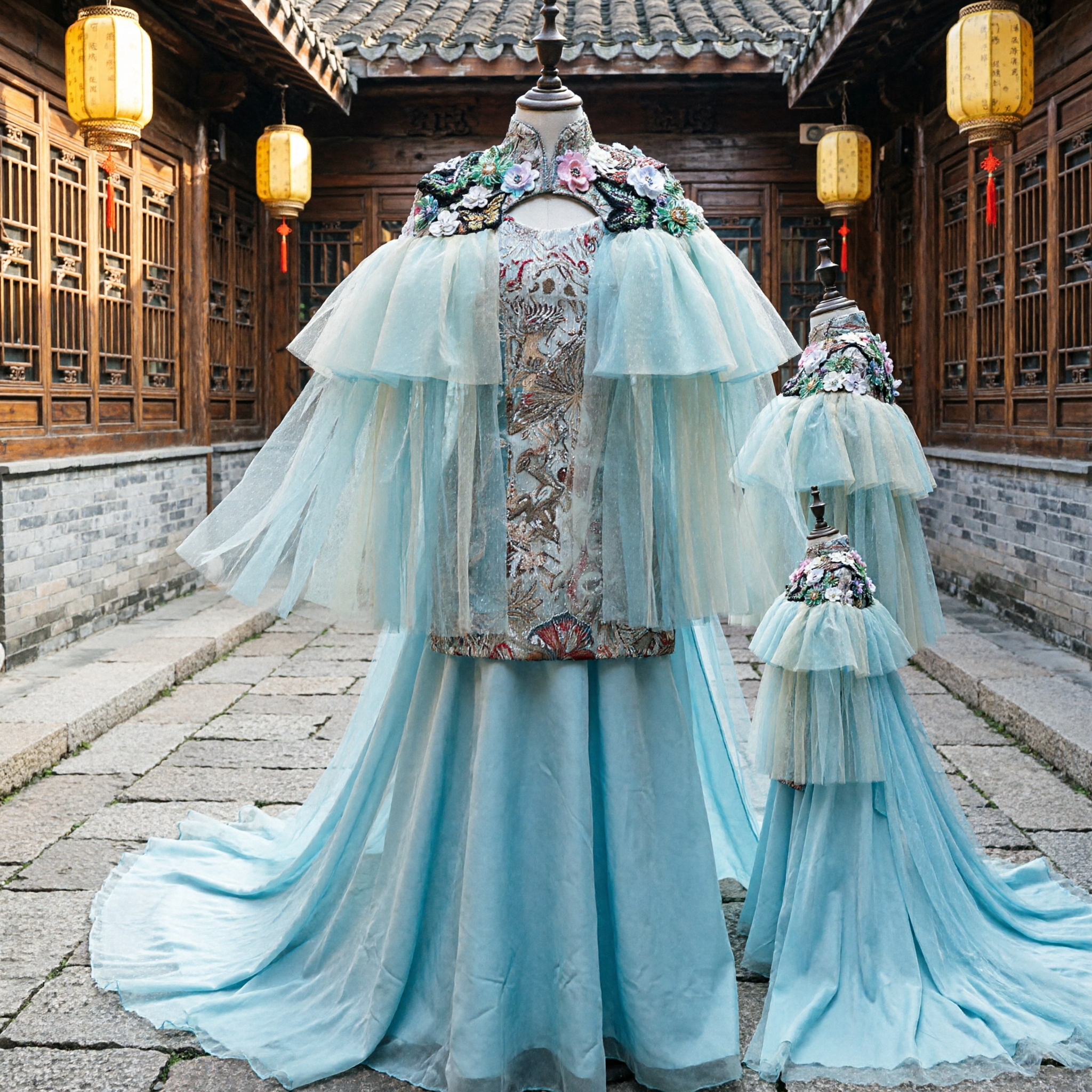 Traditional Chinese Blue Tulle Cape Cloak with Floral Embroidery for Women Ancient Hanfu Stage Performance Costume - Asian Costume
