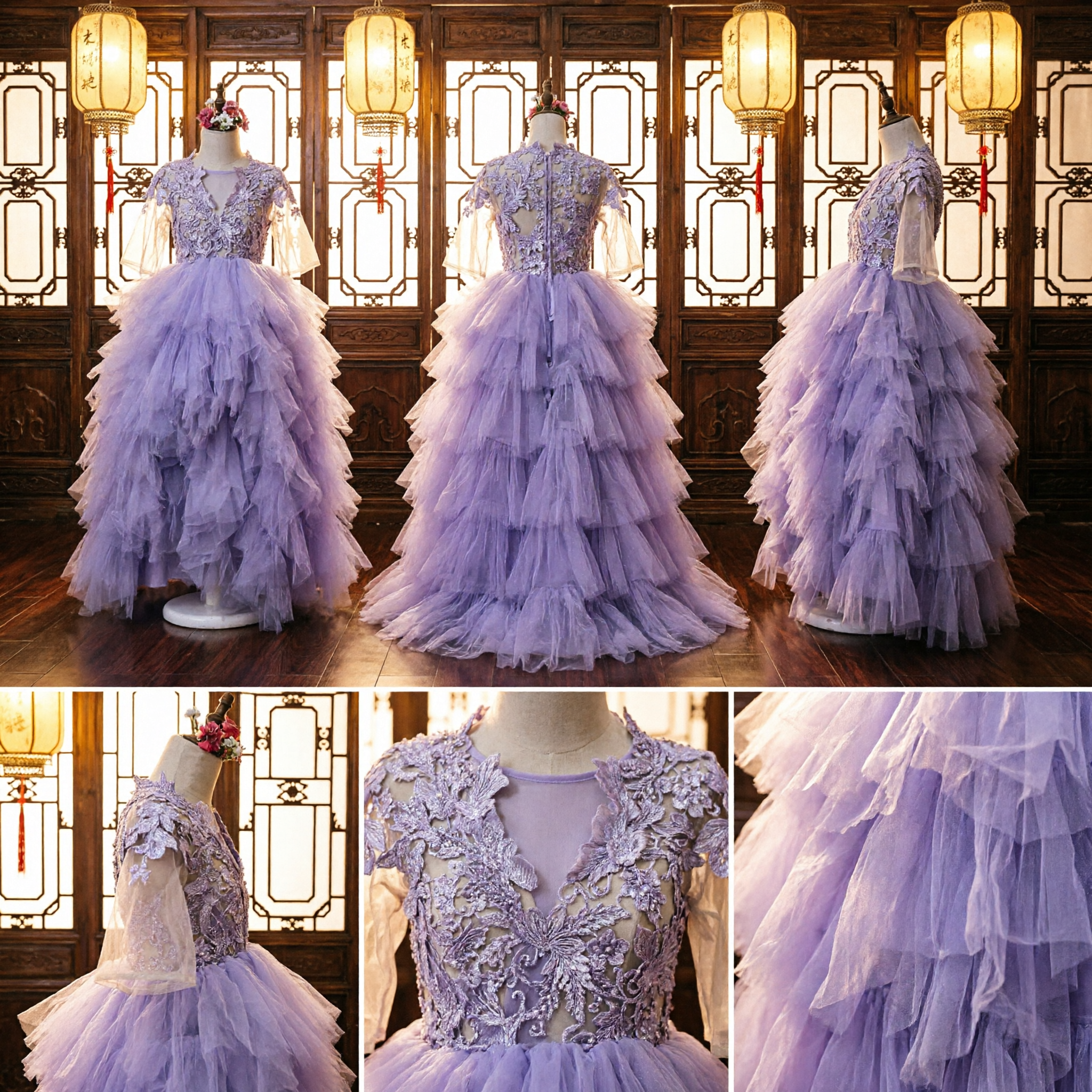 Lavender Floral Lace Applique Tiered Ruffle Tulle Ballgown Dress for Girls Wedding Flower Girl Formal Gown - Asian Costume