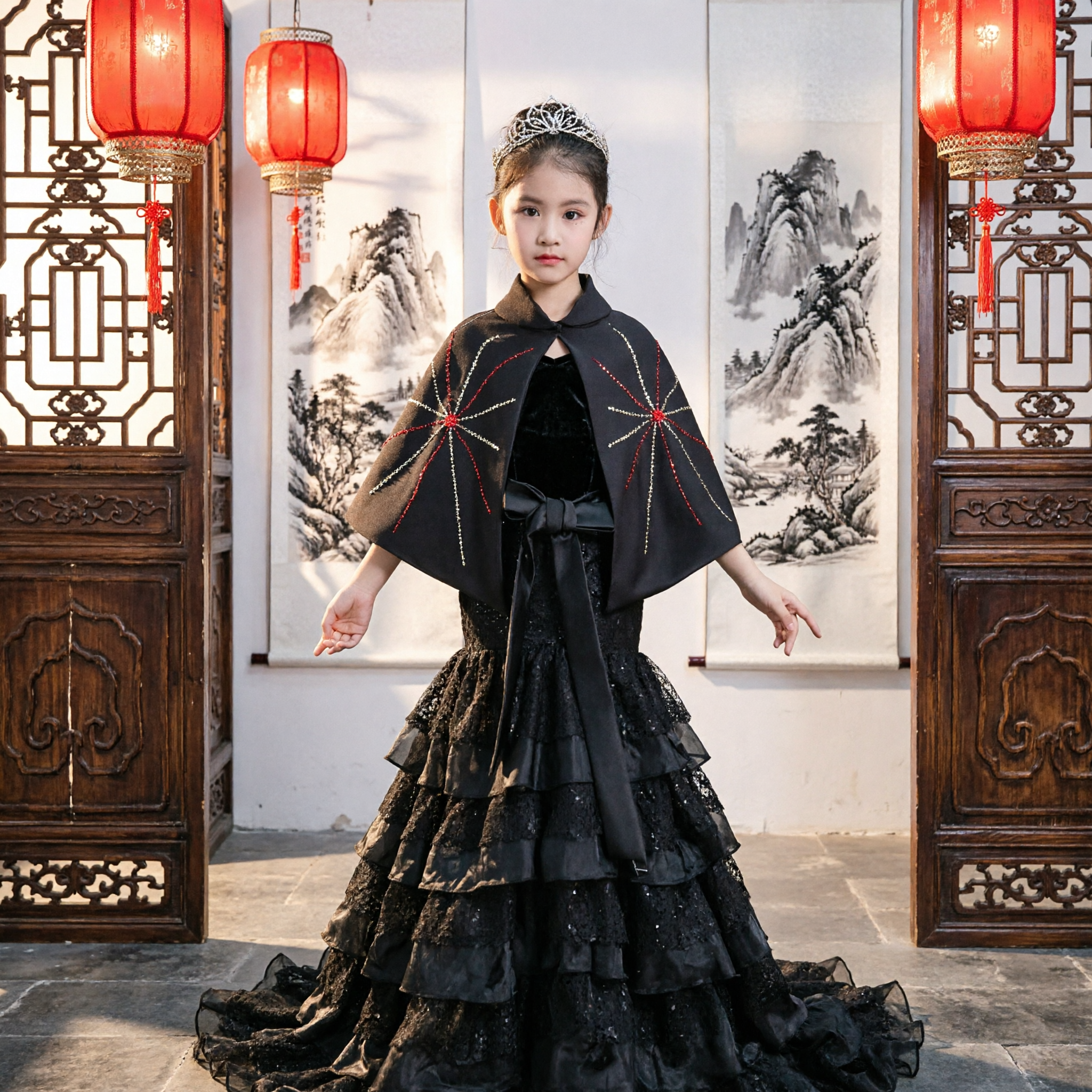 Elegant Black Princess Gown for Girls with Embroidered Starburst Cape Formal Pageant Dress Costume - Asian Costume
