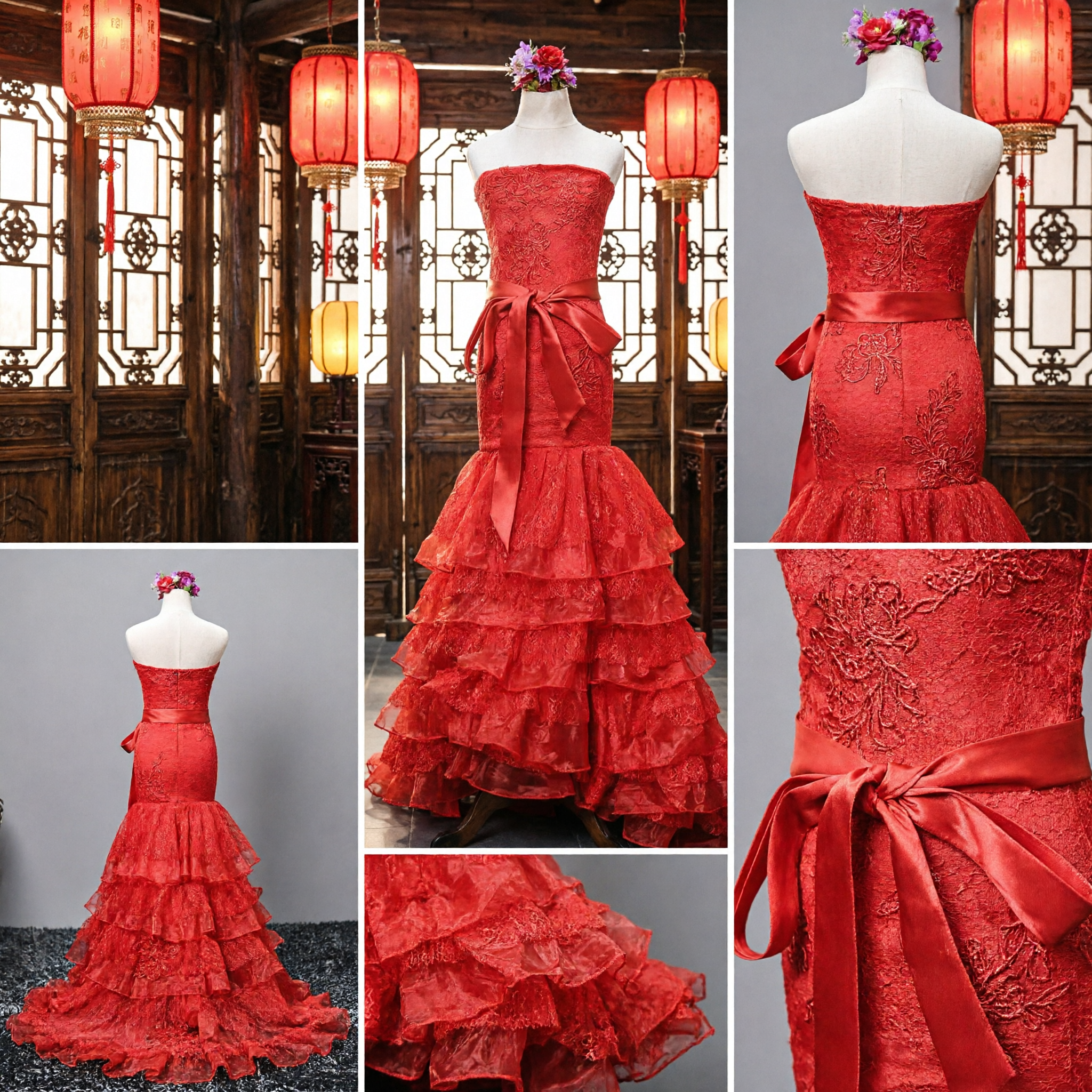 Elegant Red Strapless Mermaid Gown with Floral Lace and Tiered Ruffles for Formal Evening Performance - Asian Costume