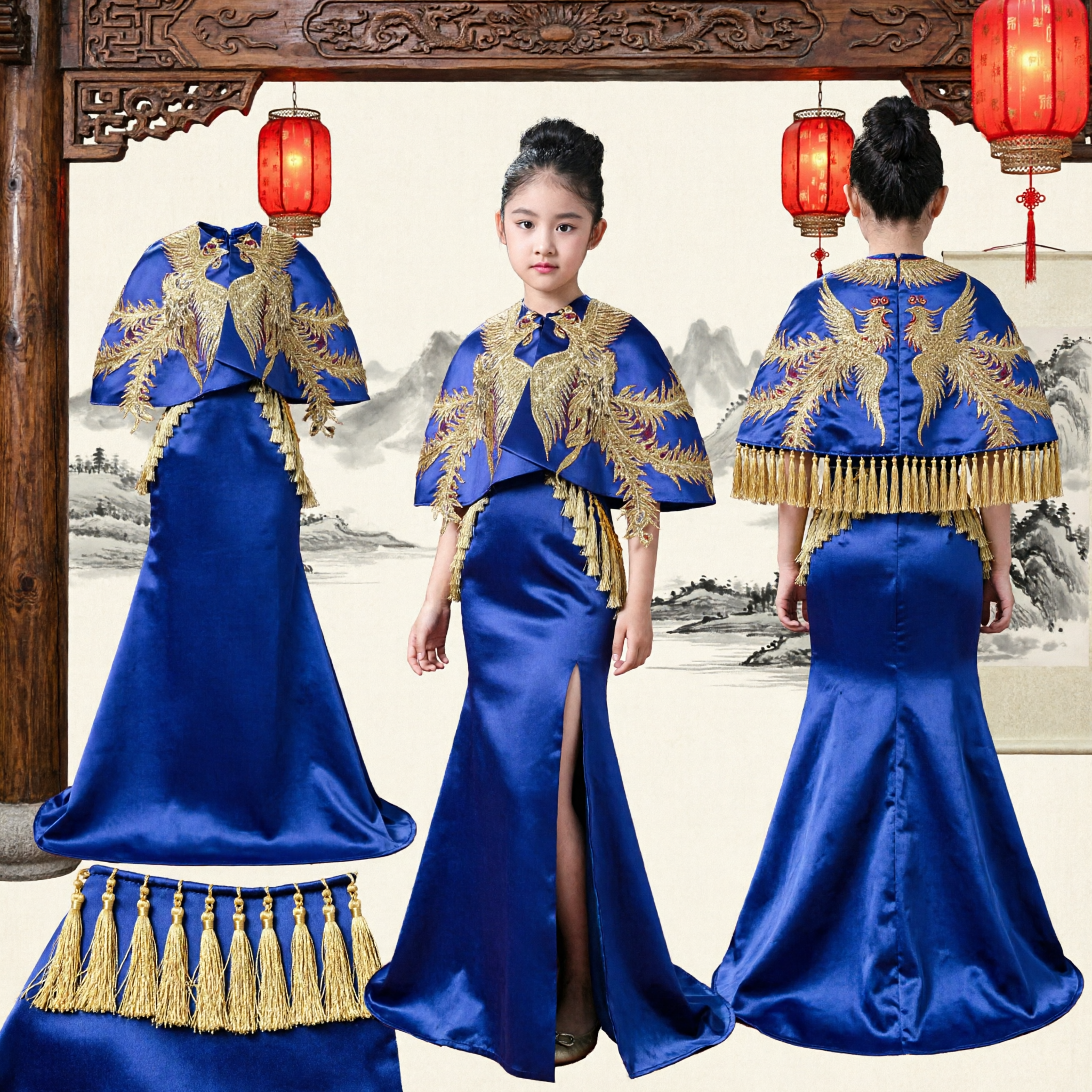Royal Blue Traditional Chinese Style Evening Gown for Kids with Gold Embroidery Cape for Stage Performance Hosting - Asian Costume