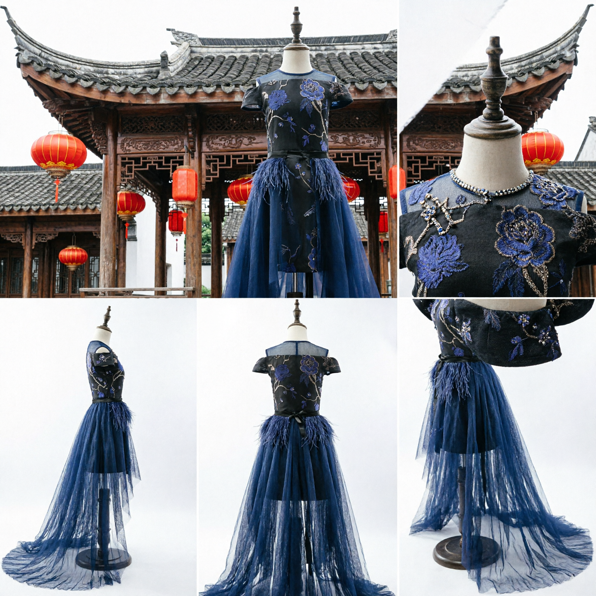 Elegant Blue Floral Embroidered Cheongsam Ballgown for Kids Traditional Chinese Evening Dress Stage Costume - Asian Costume