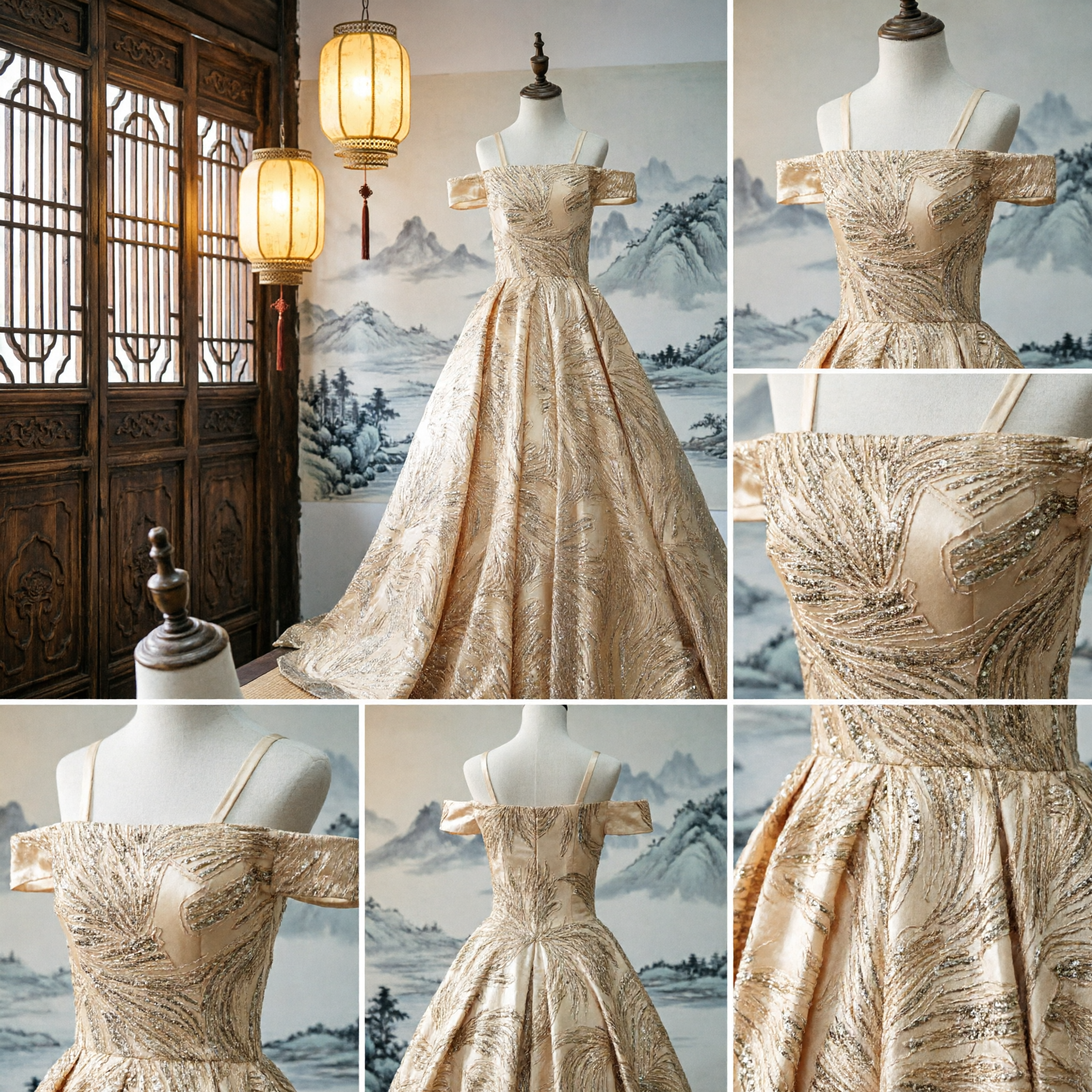 Elegant Gold Sequin Off-the-Shoulder Ball Gown Long Formal Prom Evening Dress for Women - Asian Costume