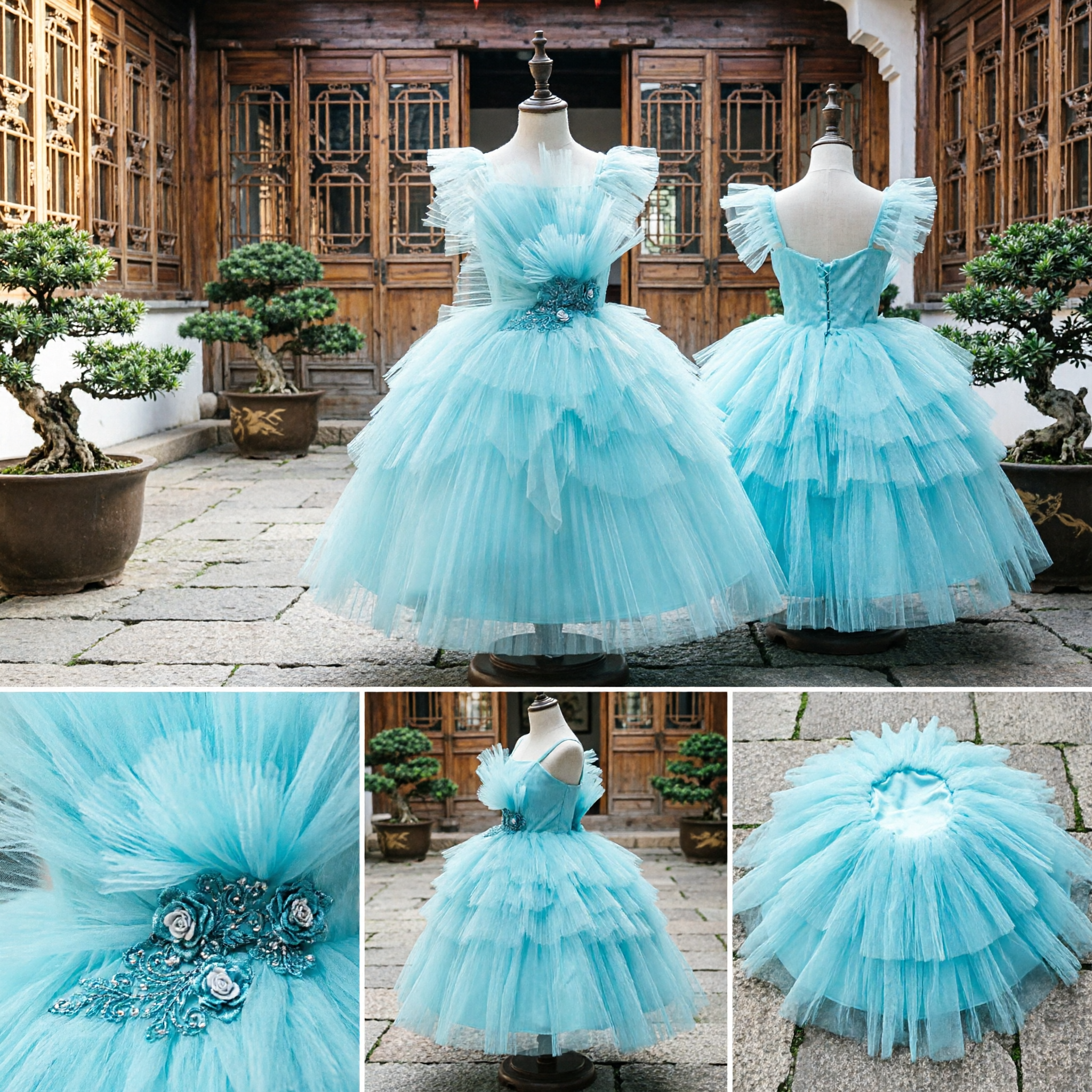 Elegant Light Blue Tulle Ball Gown Flower Girl Dress with Ruffled Bodice for Wedding Party Pageant - Asian Costume