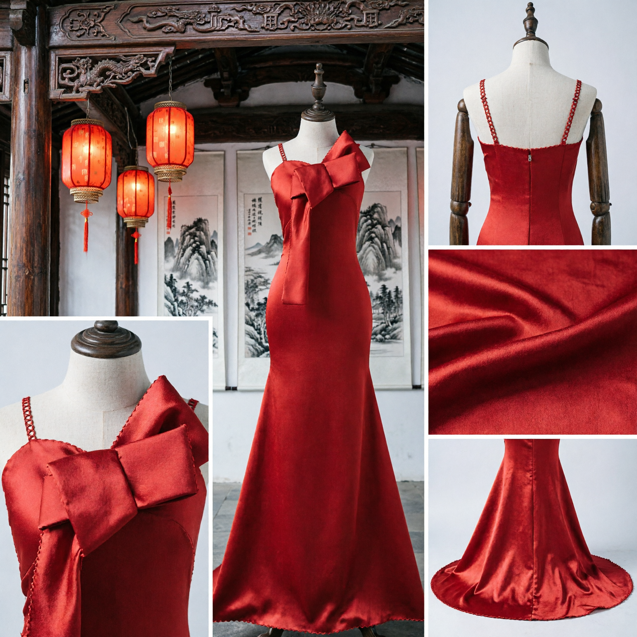Elegant Red Satin Mermaid Evening Gown with Large Bow Knot Formal Wedding Party Dress for Women - Asian Costume