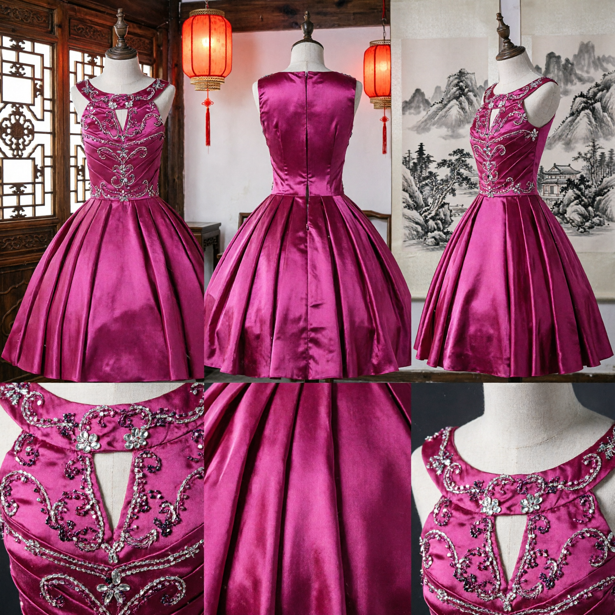 Elegant Bright Pink Short Prom Dress with Beaded Bodice and Pleated A-Line Skirt for Homecoming - Asian Costume