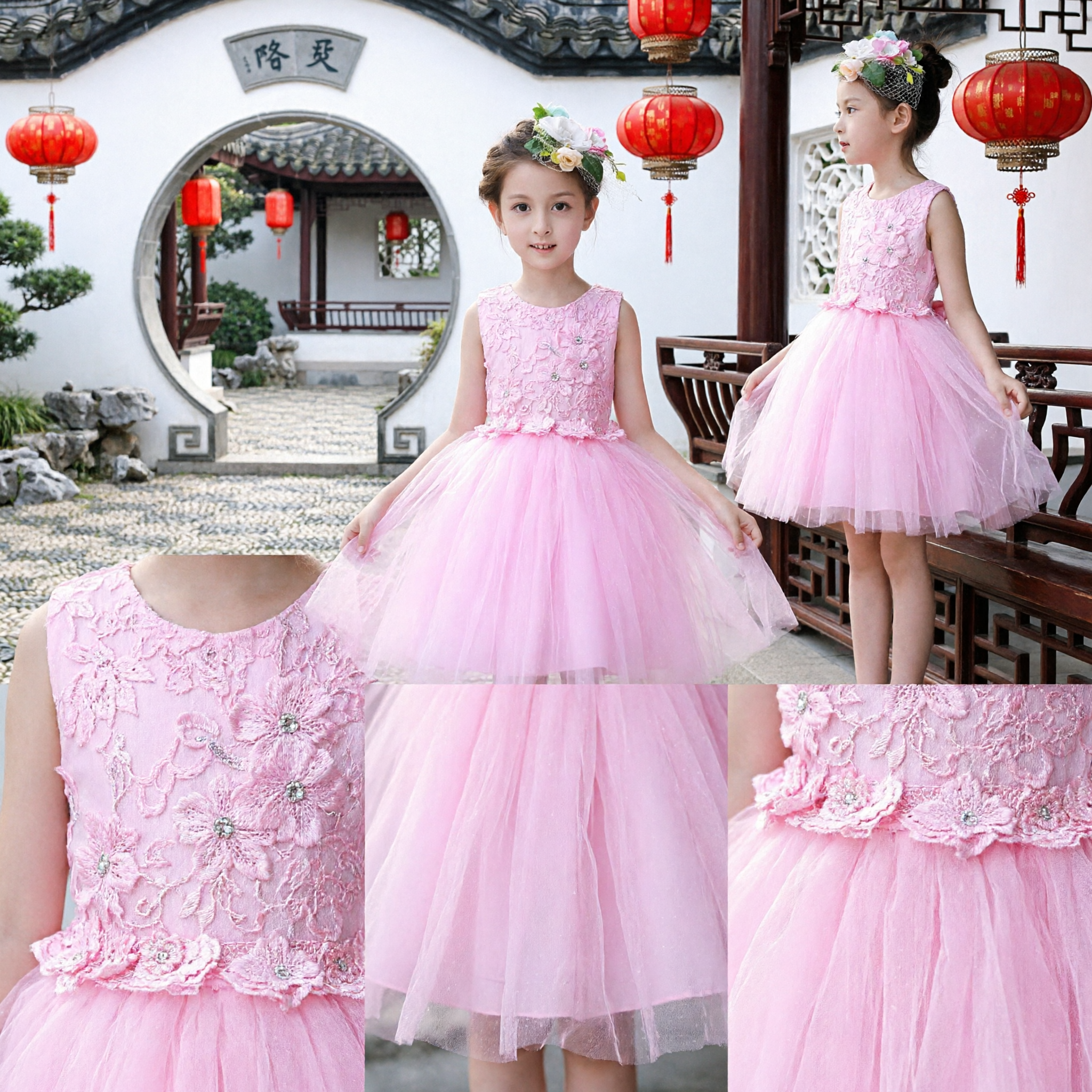 Elegant Pink Lace Flower Girl Dress with 3D Floral Applique and Tulle Tutu Skirt for Wedding Parties - Asian Costume