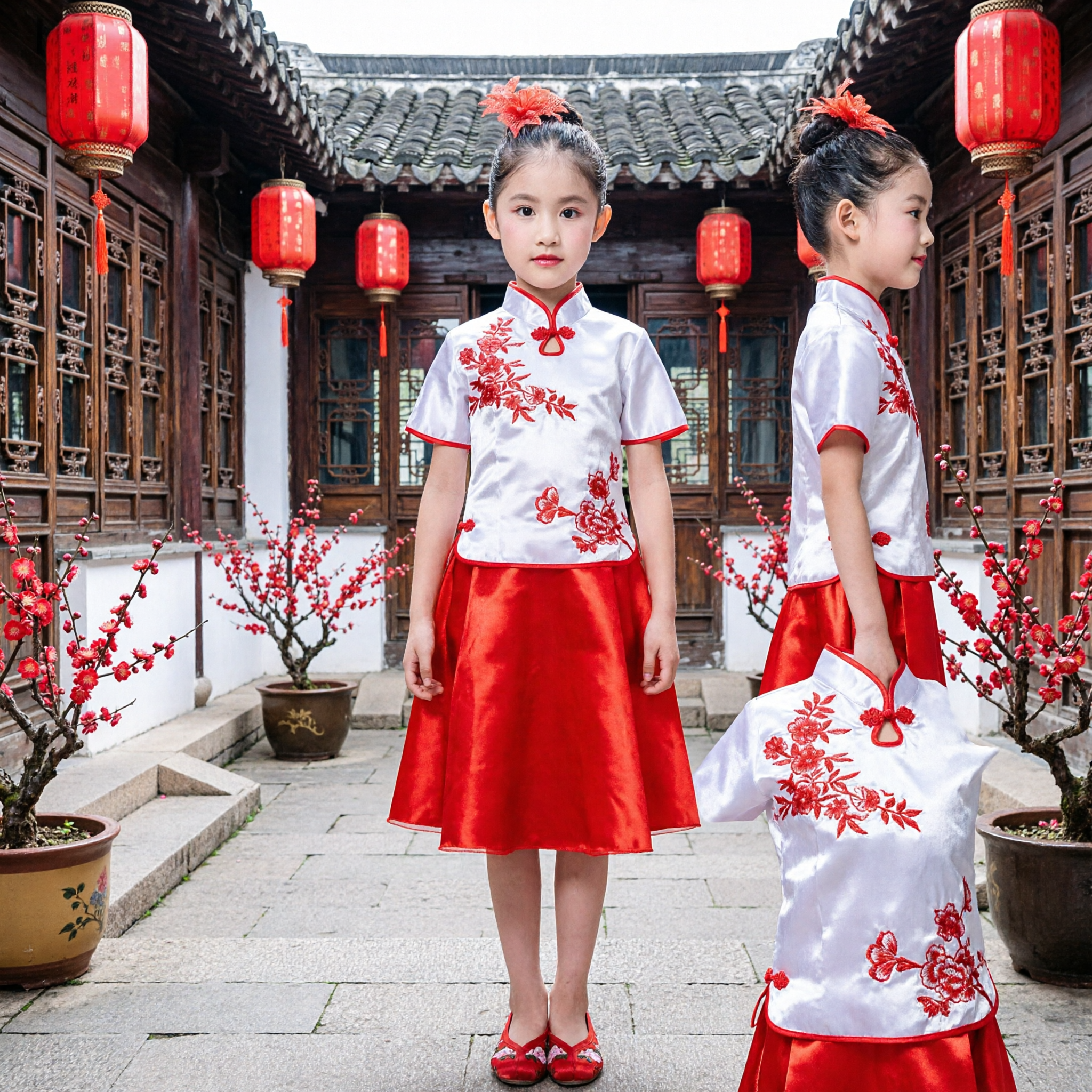 Girls Traditional Chinese Costume White Floral Embroidery Cheongsam Top Red Skirt Set Kids Performance Dance Wear - Asian Costume