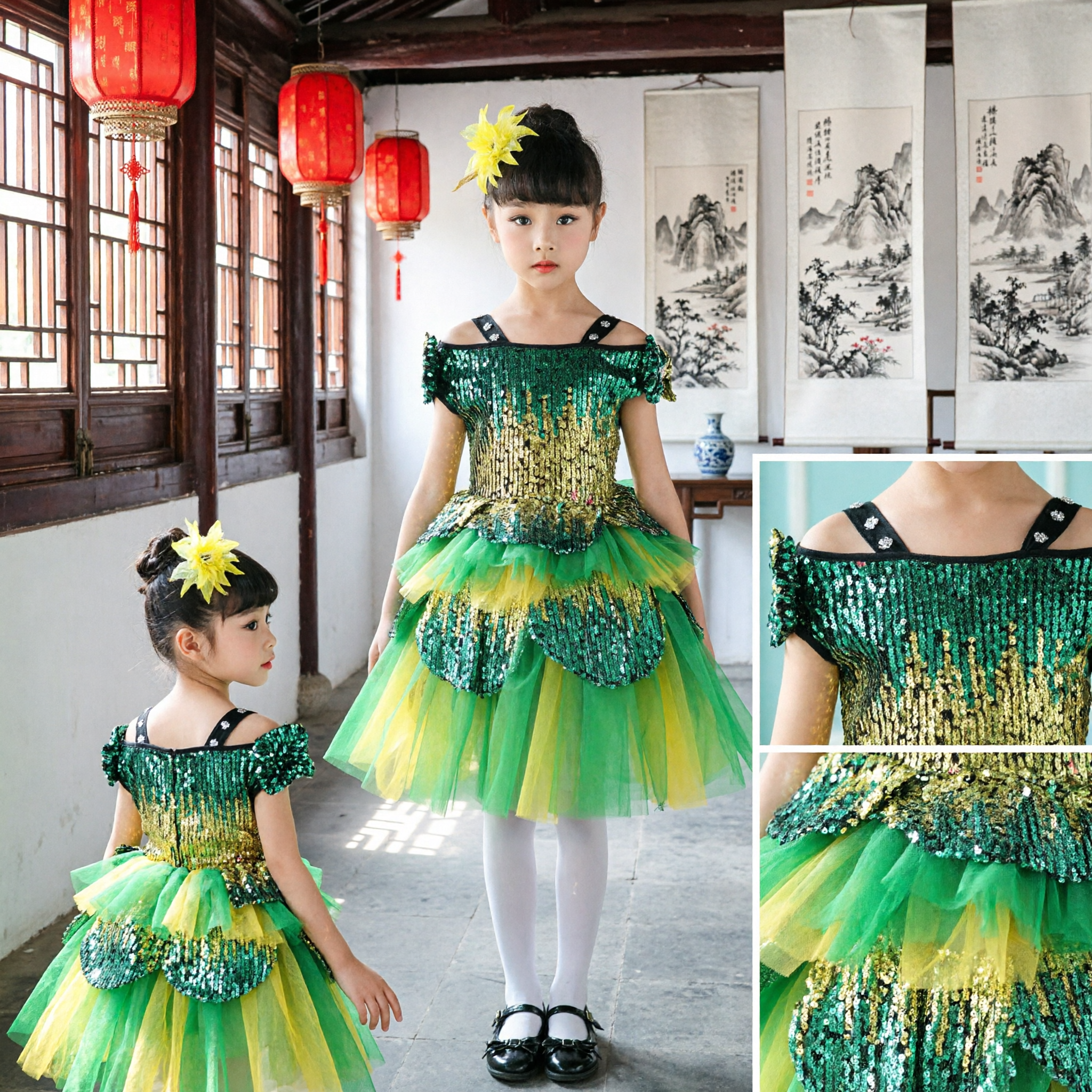 Girls Green Sequin Latin Dance Dress Kids Stage Performance Tutu Costume Ballroom Competition Outfit - Asian Costume