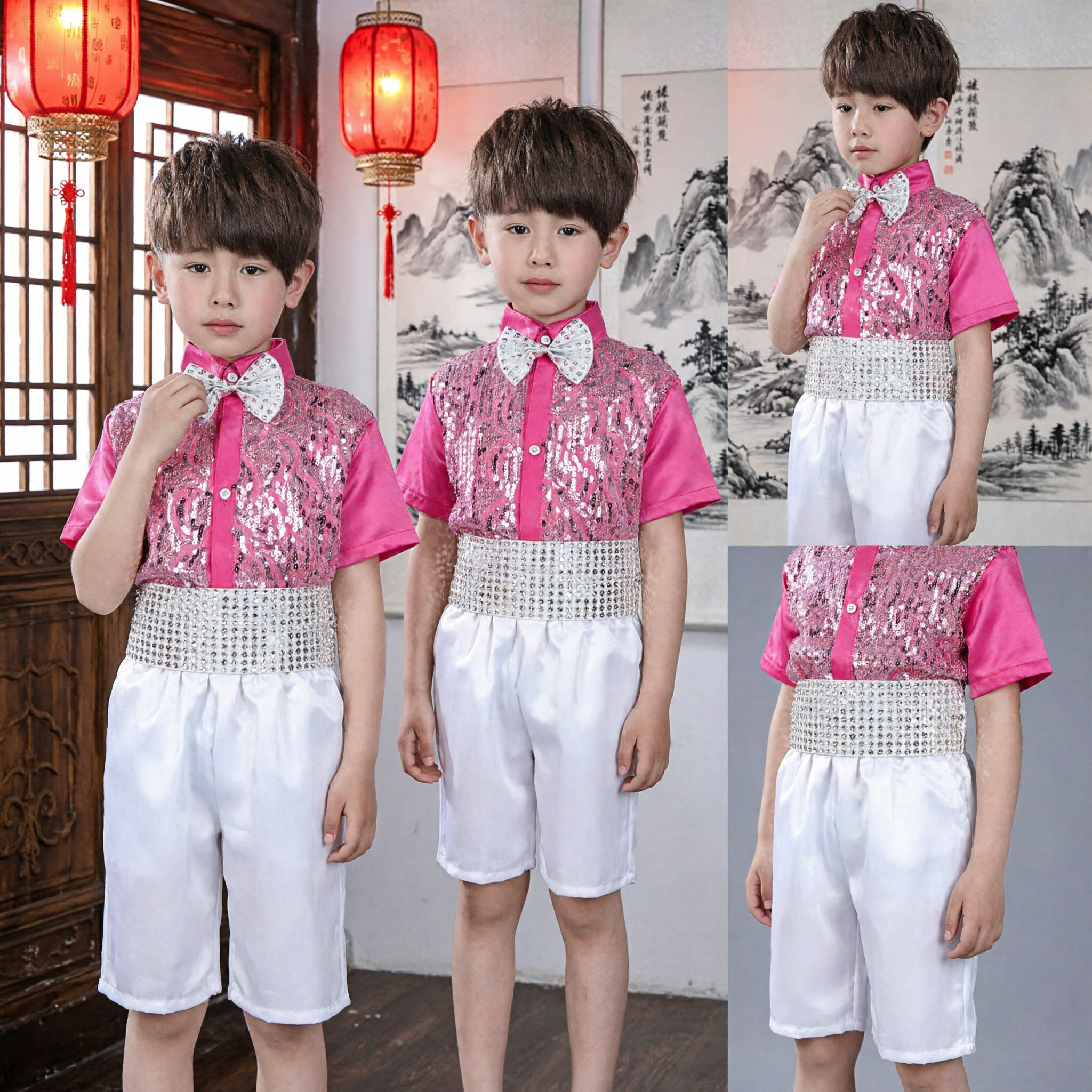 Boys Pink Sequin Stage Performance Costume Set with Bow Tie and White Shorts for Dance Choir - Asian Costume