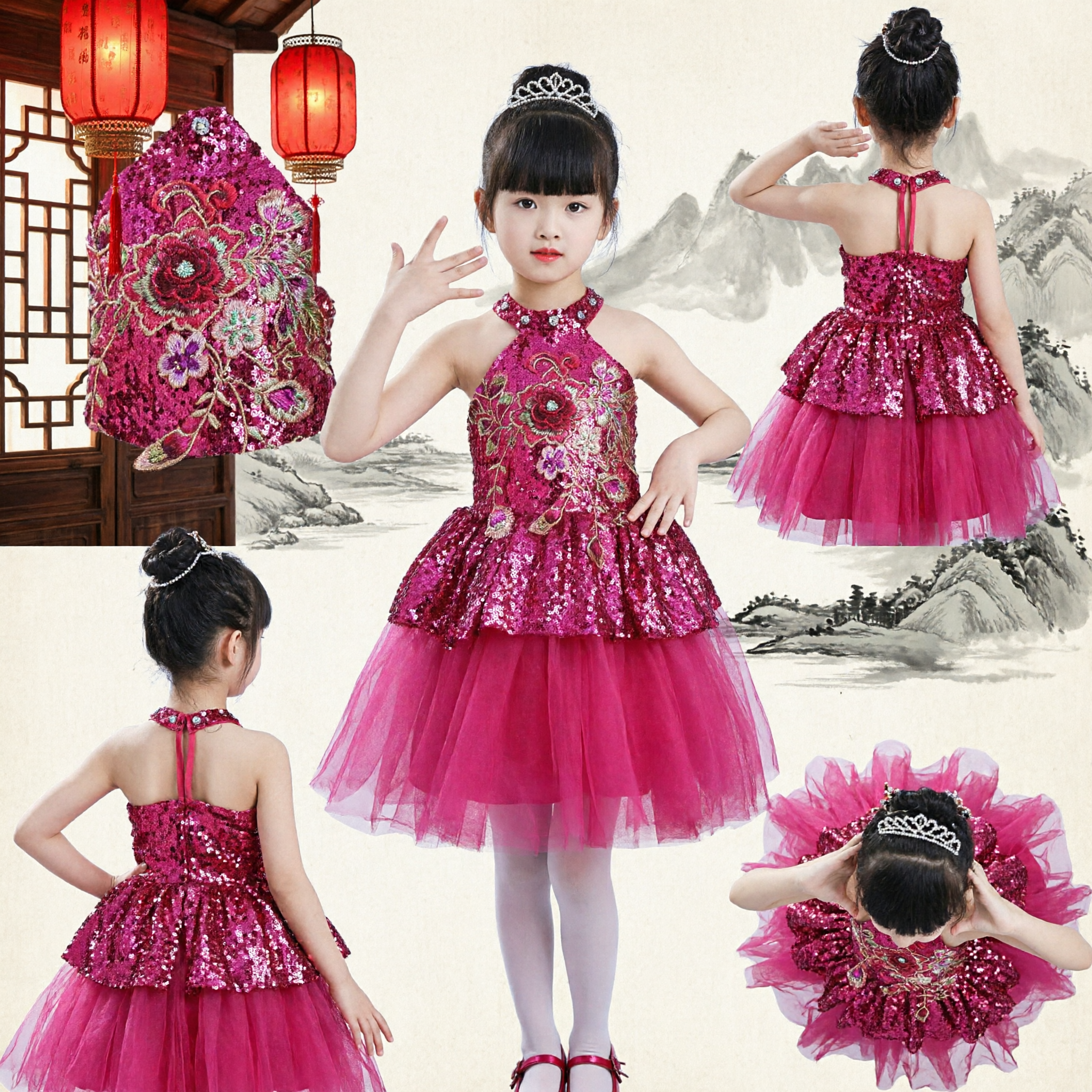 Girls Pink Sequin Halter Performance Dress with Floral Embroidery for Traditional Chinese Folk Dance and Stage - Asian Costume