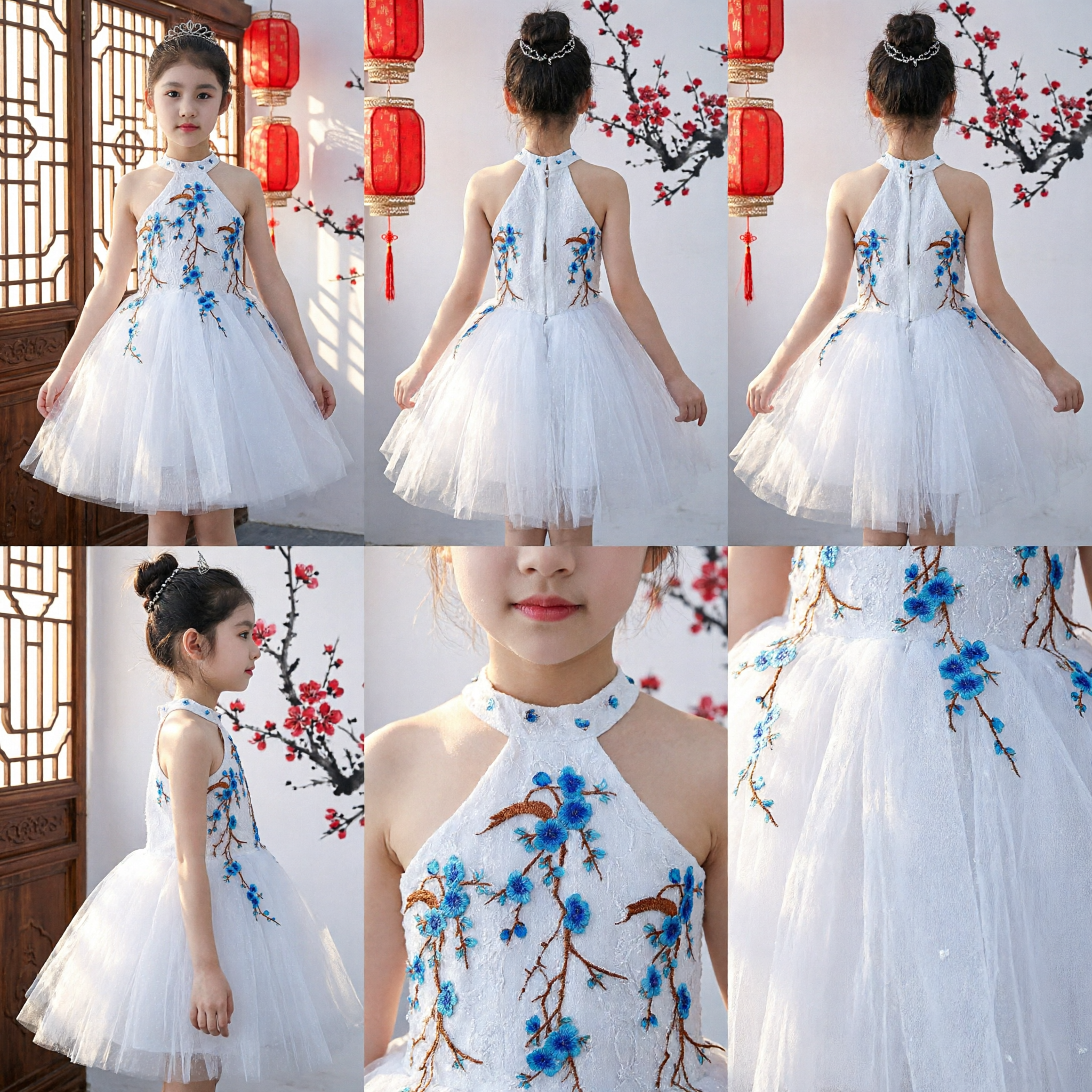 Elegant White Halter Tulle Dress for Girls Blue Floral Embroidery Chinese Style Flower Girl Party Gown - Asian Costume