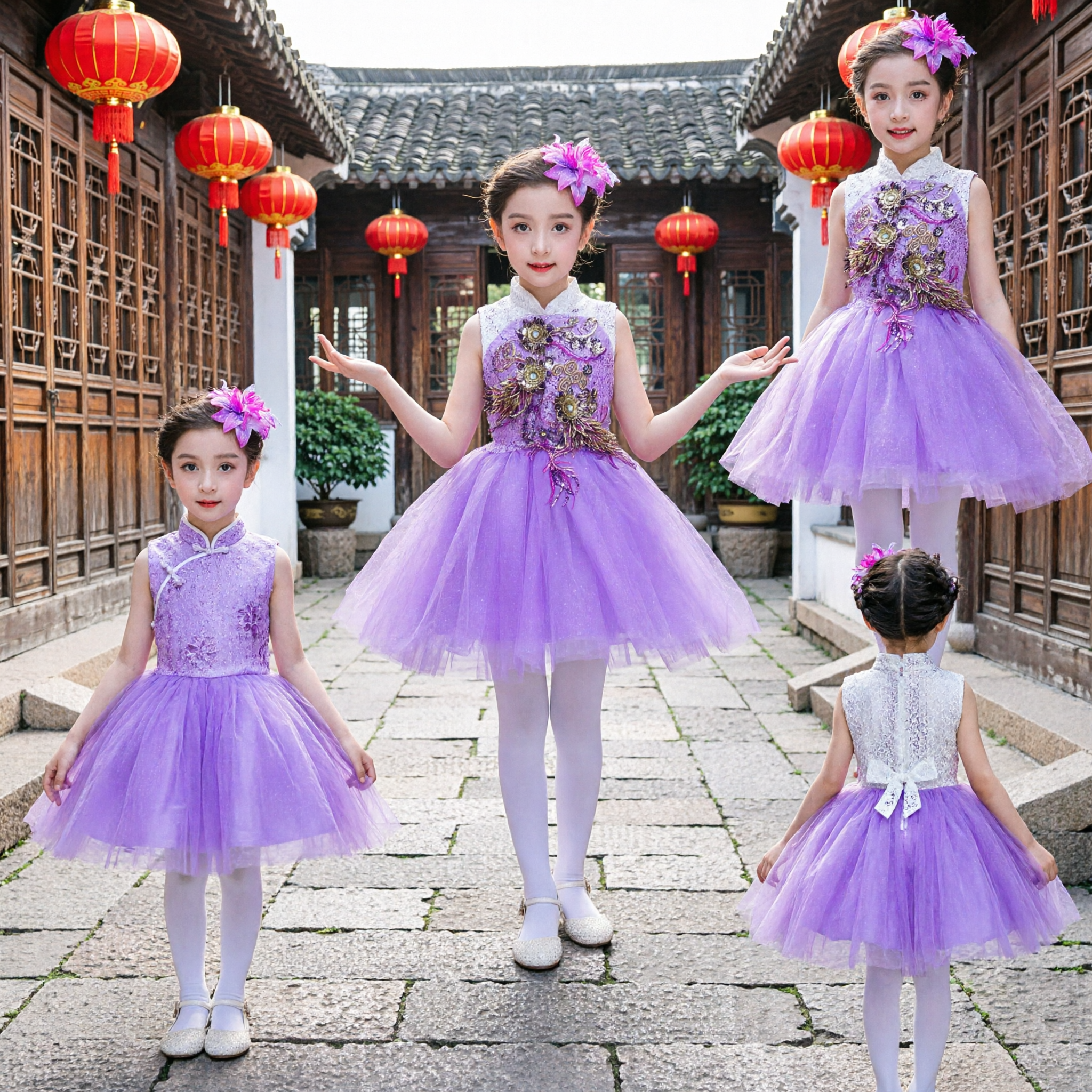 Girls Purple Chinese Qipao Tutu Dress with Gold Embroidery for Stage Performance and Special Occasions - Asian Costume