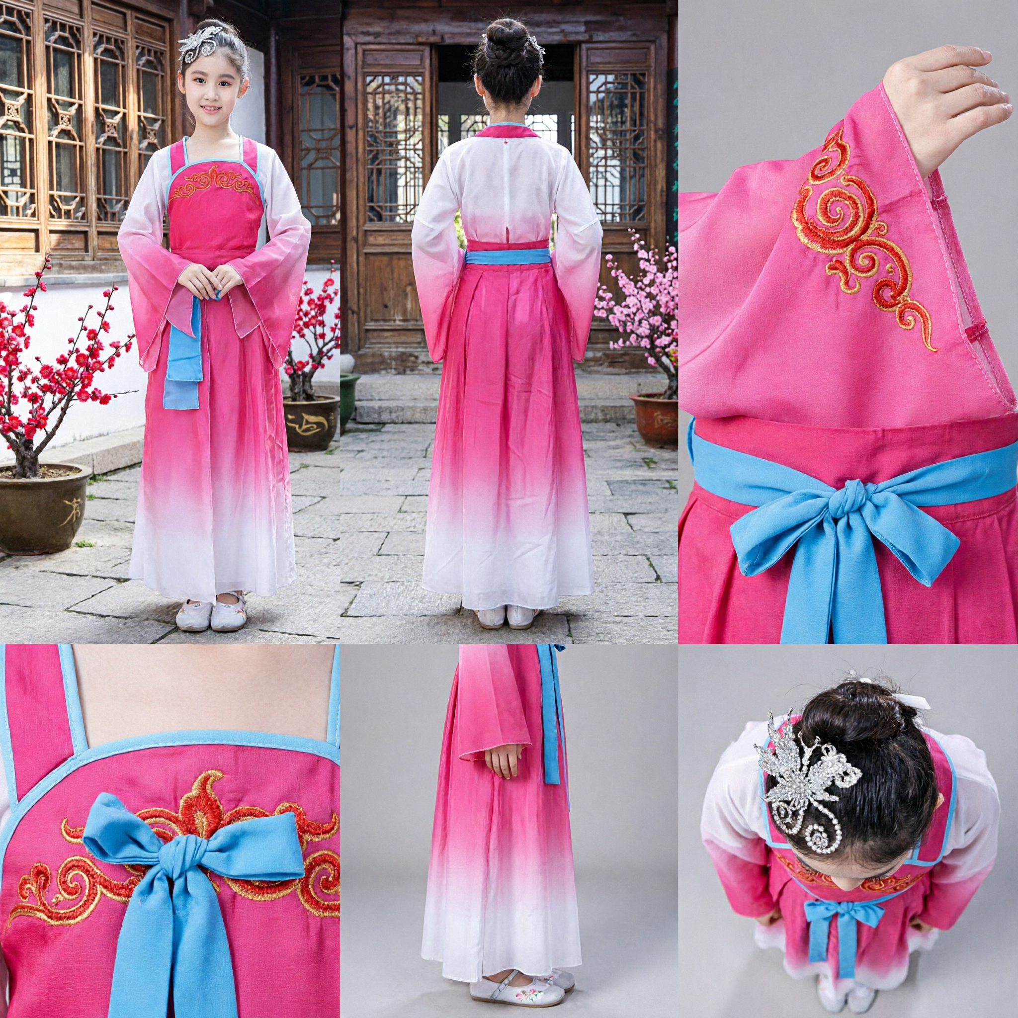 Traditional Chinese Hanfu Costume for Girls Pink Gradient Ancient Dress for Kids Dance Performance - Asian Costume