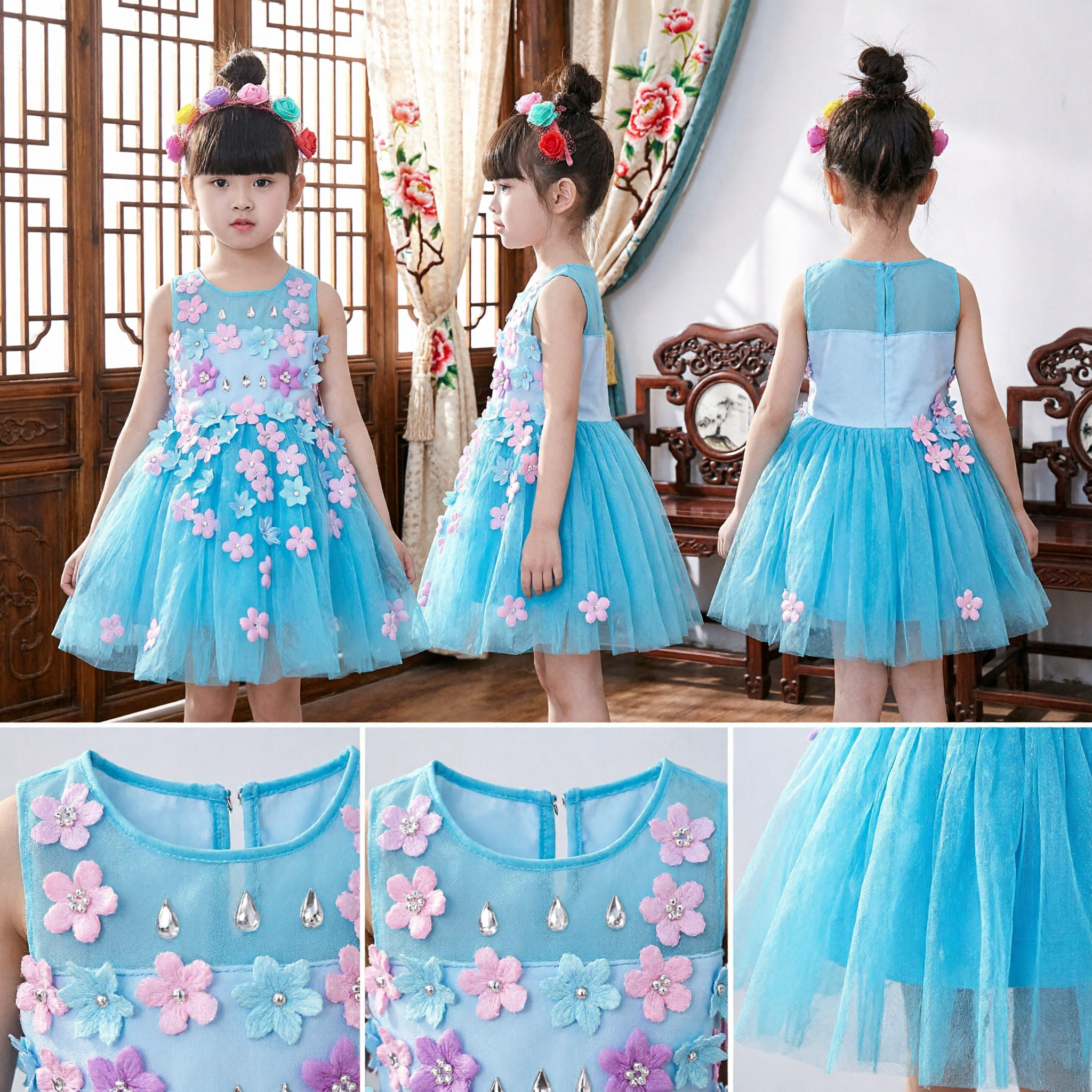 Blue Floral Tutu Dress for Girls Stage Performance Costume Kids Dance Party Outfit with Headband - Asian Costume
