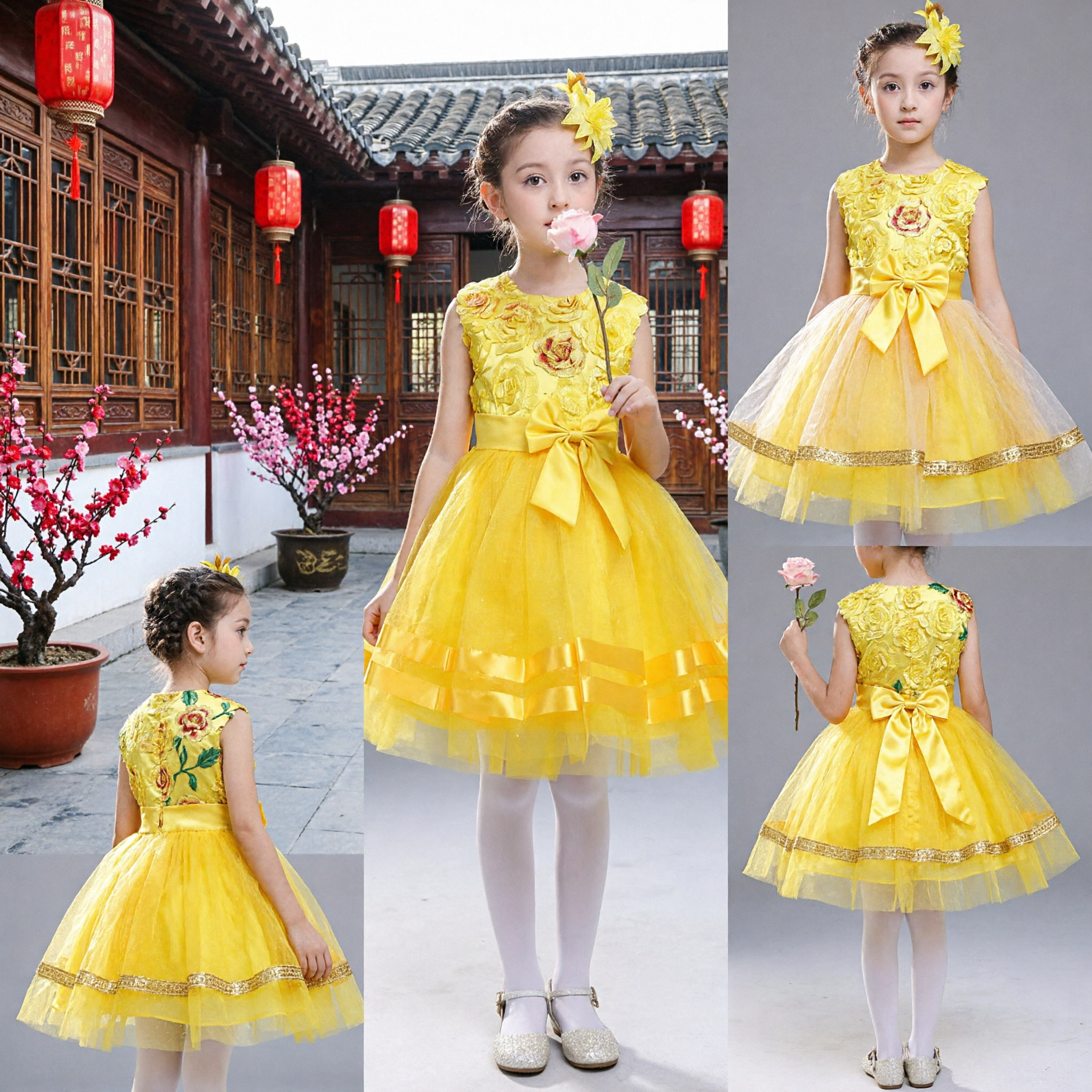 Girls Yellow Floral Tulle Dress with Bow for Wedding Flower Girl Party Performance Costume - Asian Costume