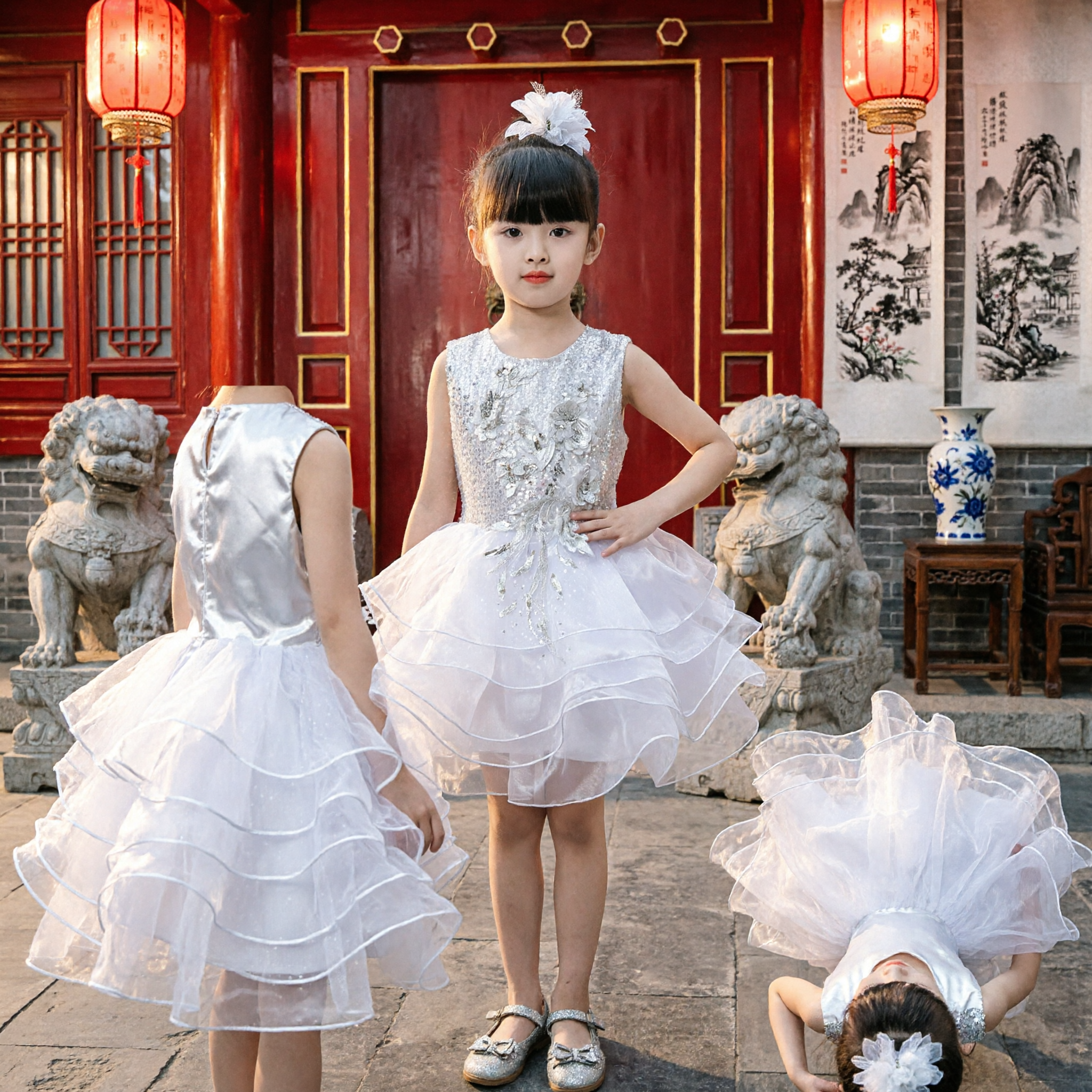 Girls White Sequin Floral Princess Dress Layered Tulle Skirt Wedding Flower Girl Party Gown - Asian Costume