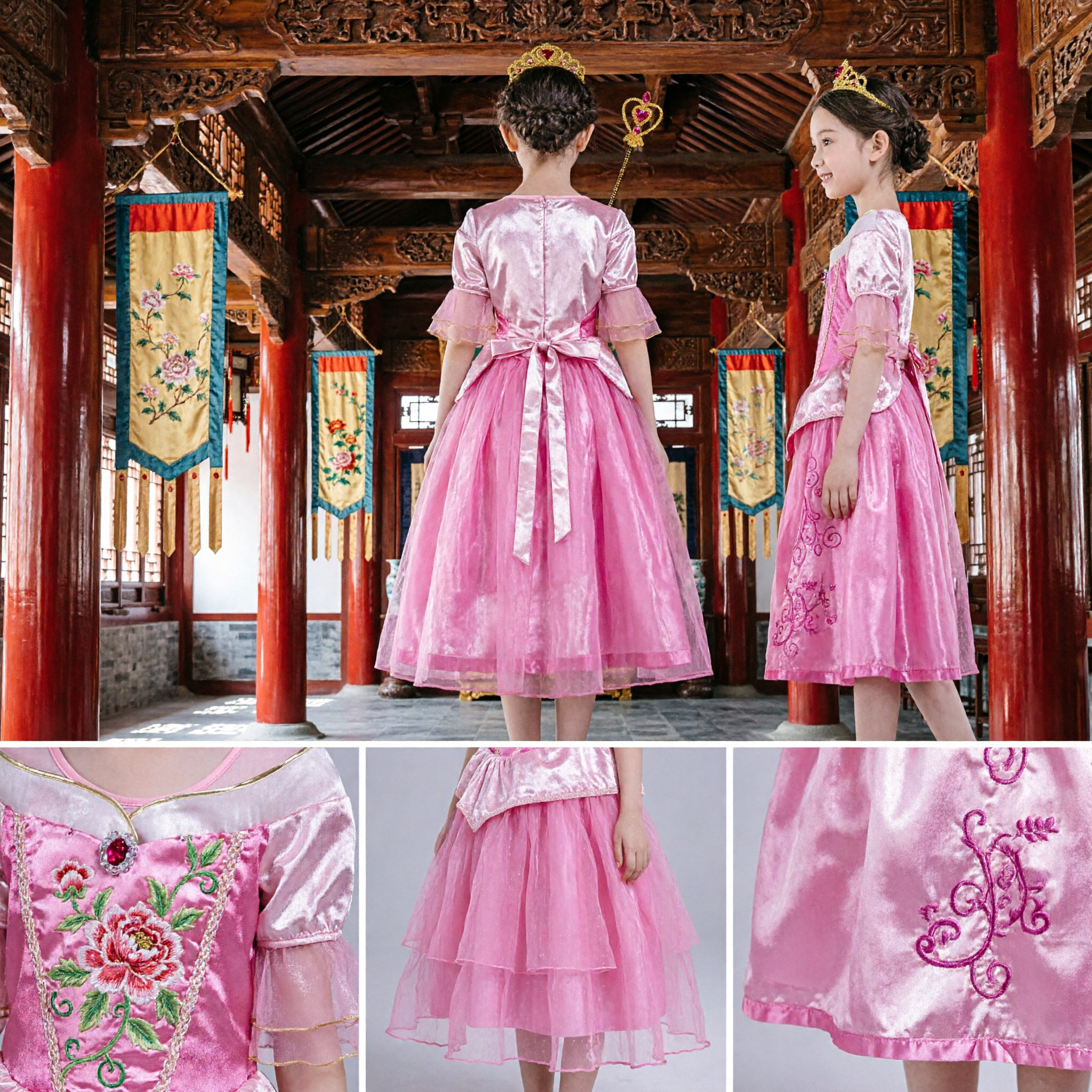 Girls Pink Princess Ball Gown Costume with Crown and Wand for Halloween Birthday Party Dress Up - Asian Costume