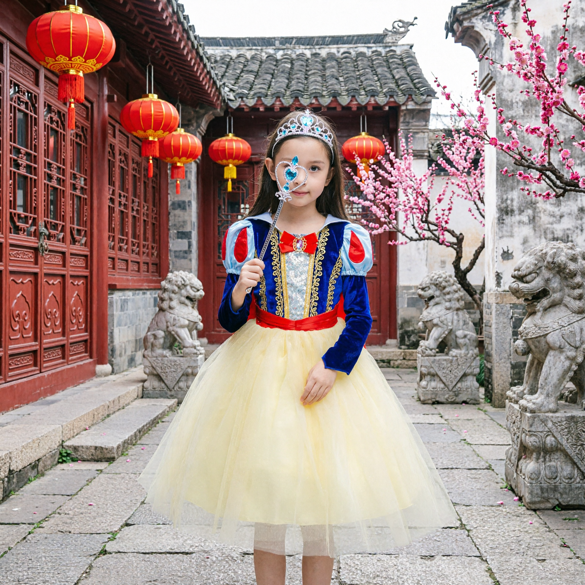 Kids Girls Snow White Princess Costume Dress Up Halloween Cosplay Outfit with Tiara and Wand - Asian Costume