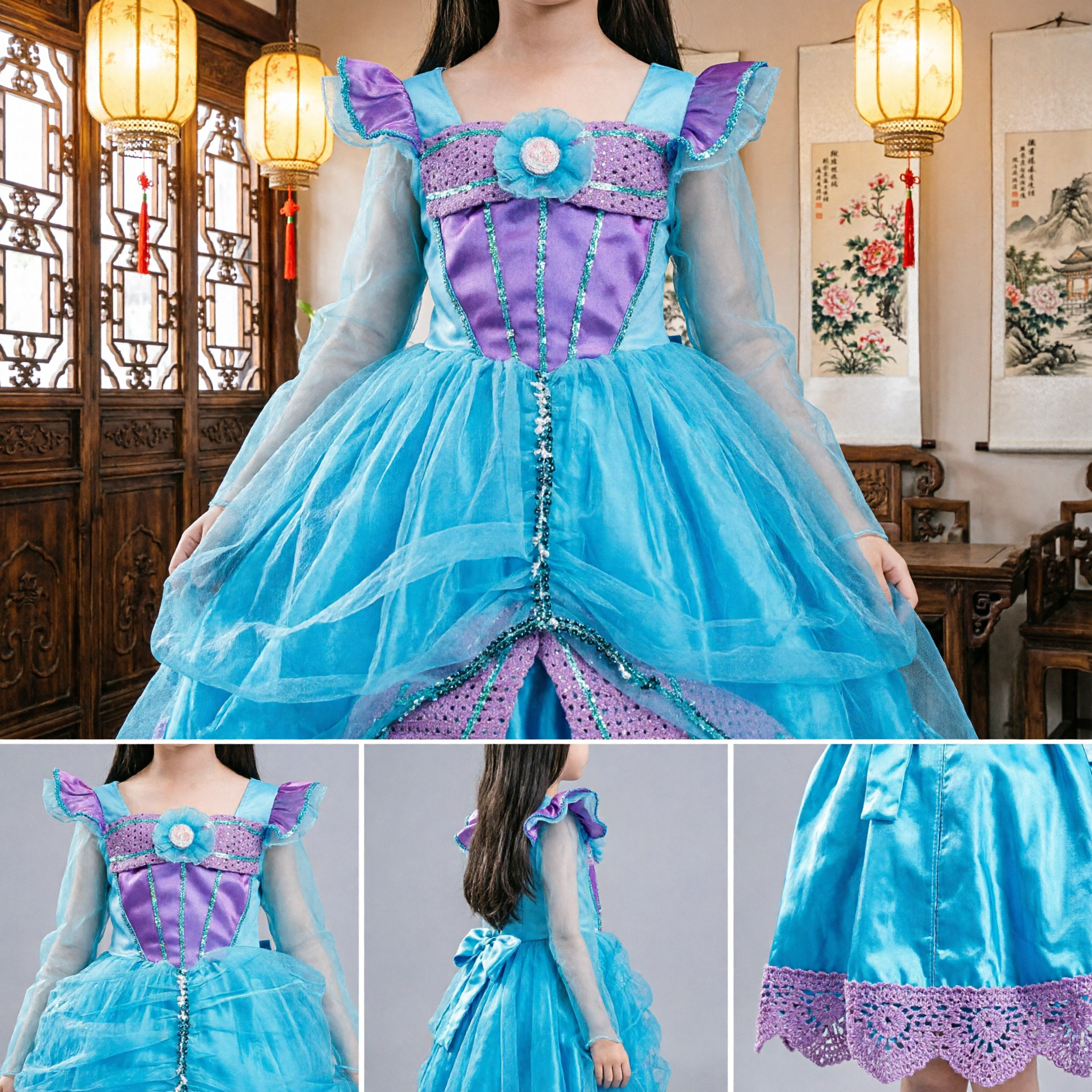 Girls Blue and Purple Princess Dress Costume with Magic Wand and Tiara for Halloween Party Cosplay - Asian Costume