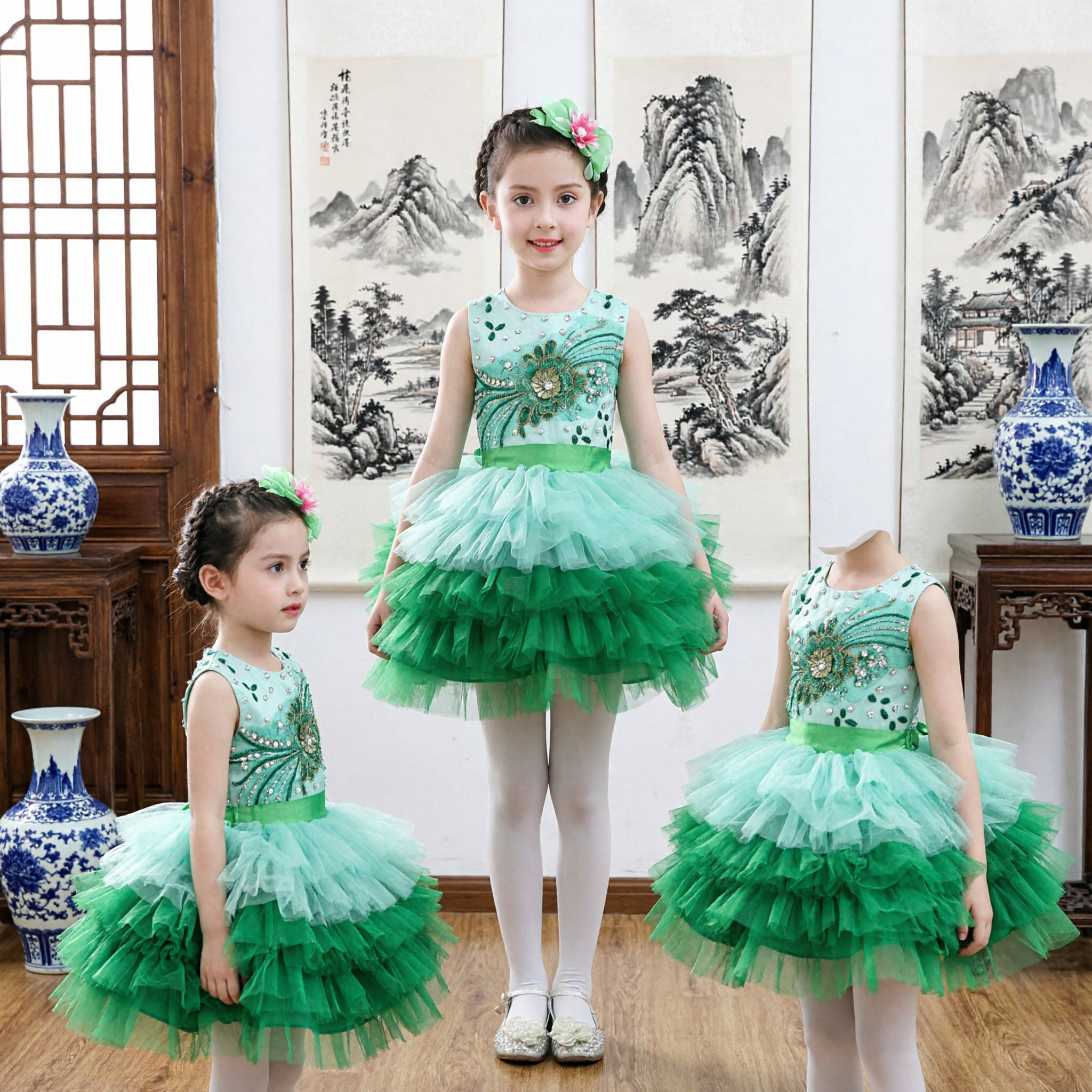Girls Green Peacock Theme Tutu Dress Kids Ballet Dance Performance Costume Party Outfit - Asian Costume