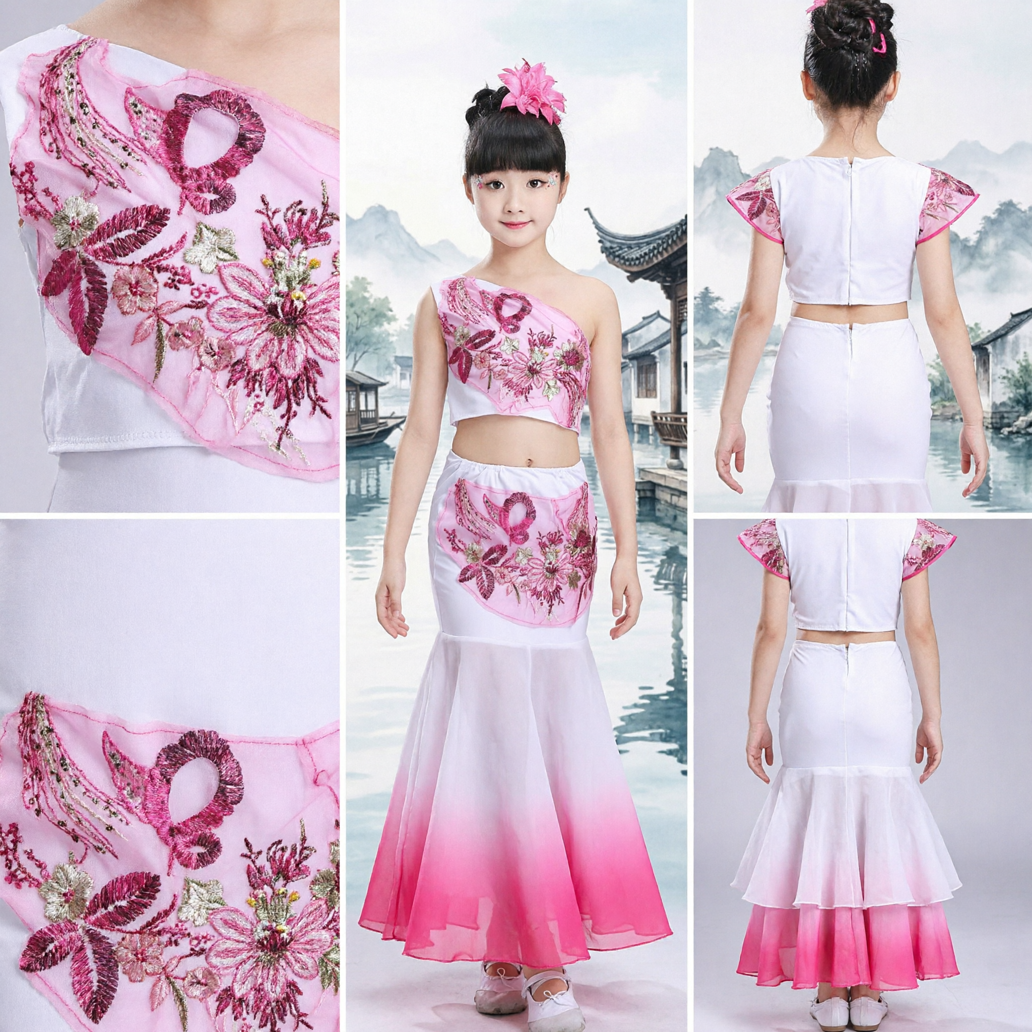Girls Pink Chinese Yangge Dance Costume Kids Folk Fan Dance Performance Outfit with Mermaid Skirt - Asian Costume