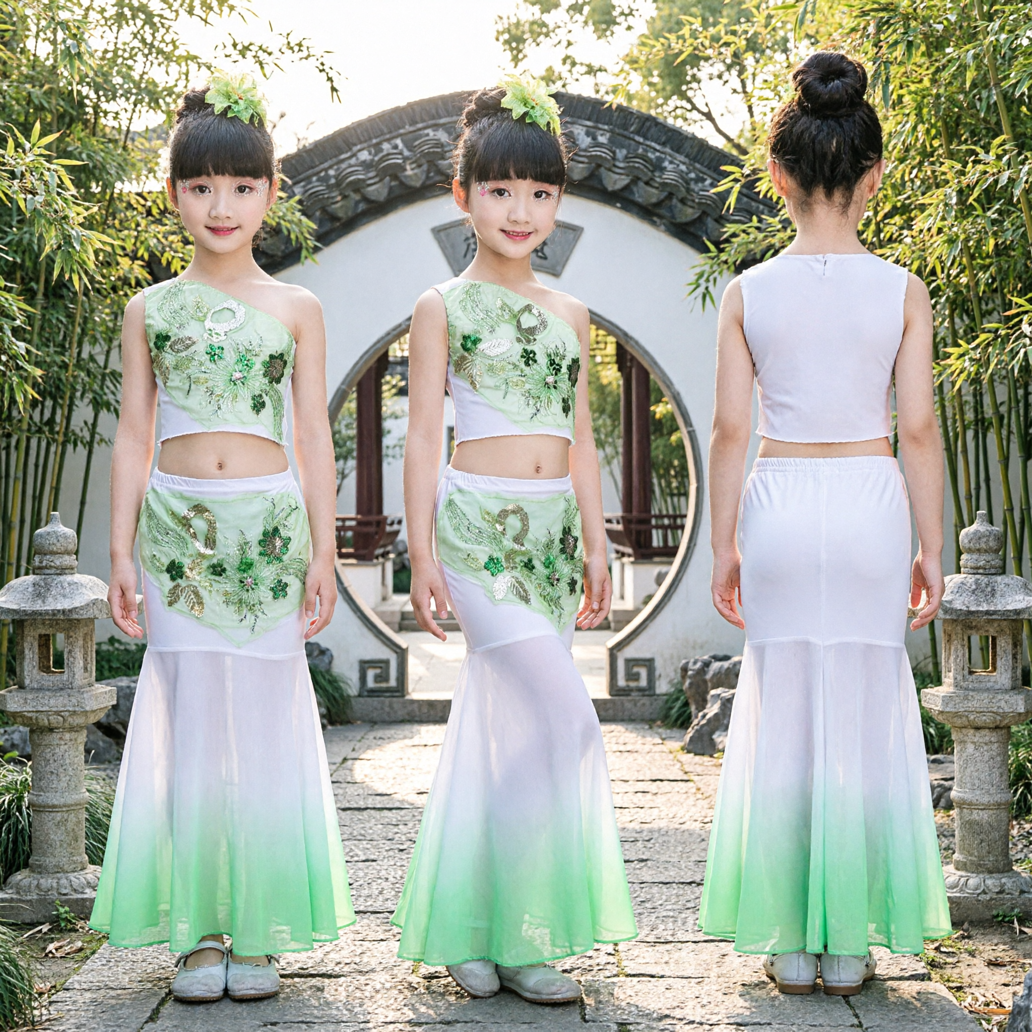 Kids Chinese Dai Minority Peacock Dance Costume Green Sequin Stage Performance Dress for Girls - Asian Costume