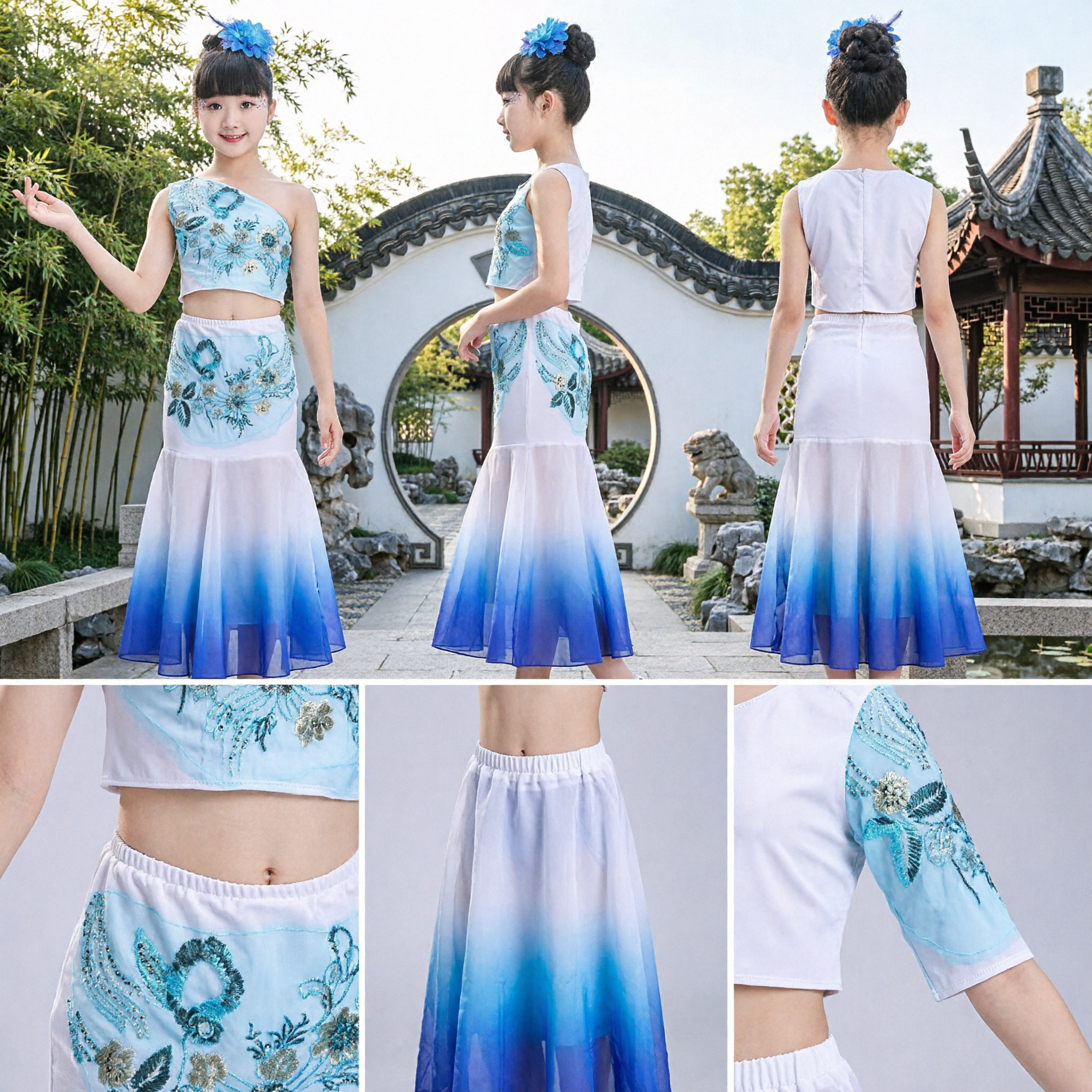 Kids Girls Chinese Folk Dance Costume Blue Gradient Fishtail Skirt One Shoulder Top Stage Performance Outfit - Asian Costume