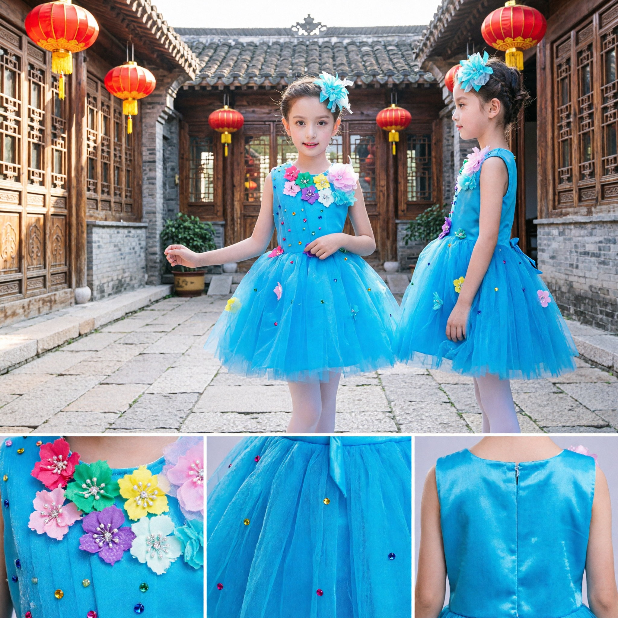 Girls Blue Tulle Tutu Dress with Colorful Flowers for Stage Performance and Dance Recital Costume - Asian Costume