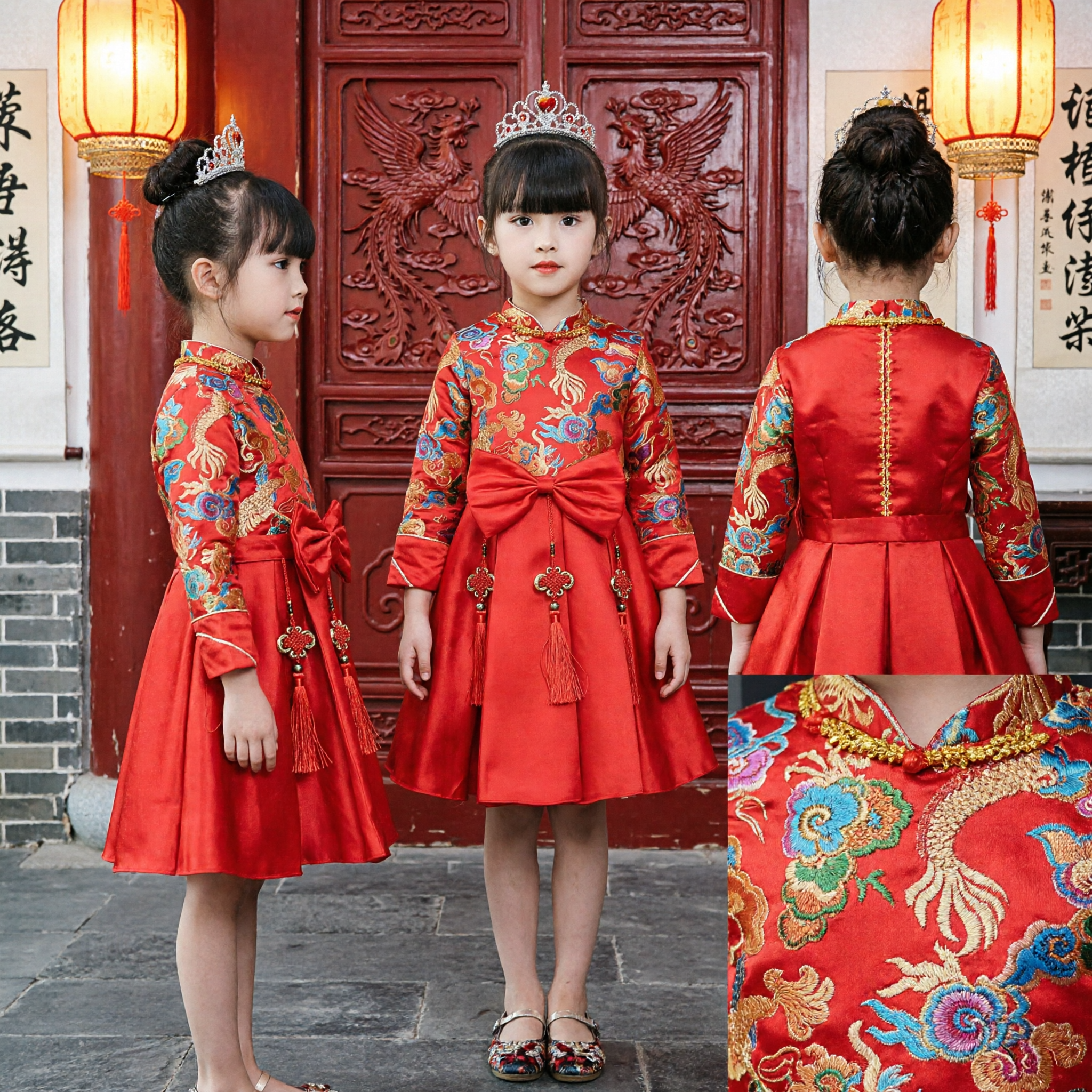 Girls Red Chinese Traditional Cheongsam Dress Phoenix Embroidery Long Sleeve Wedding Festival Performance Costume - Asian Costume