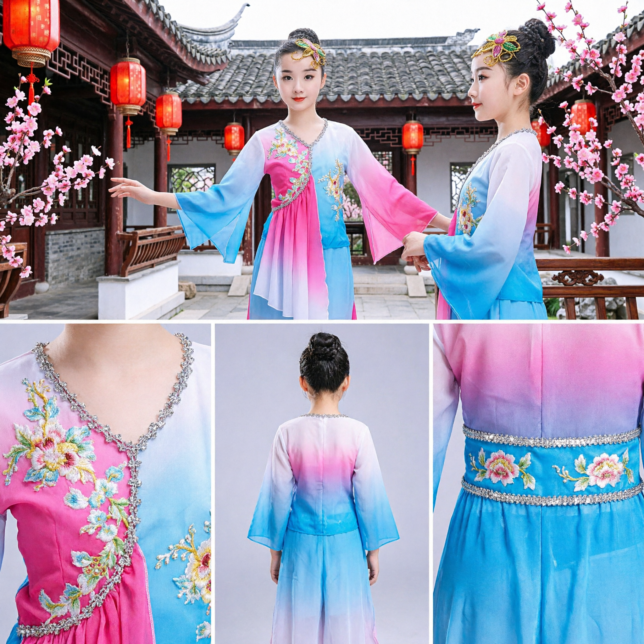 Girls Chinese Classical Dance Costume Kids Yangko Fan Dance Performance Outfit Gradient Embroidered Dress Set - Asian Costume