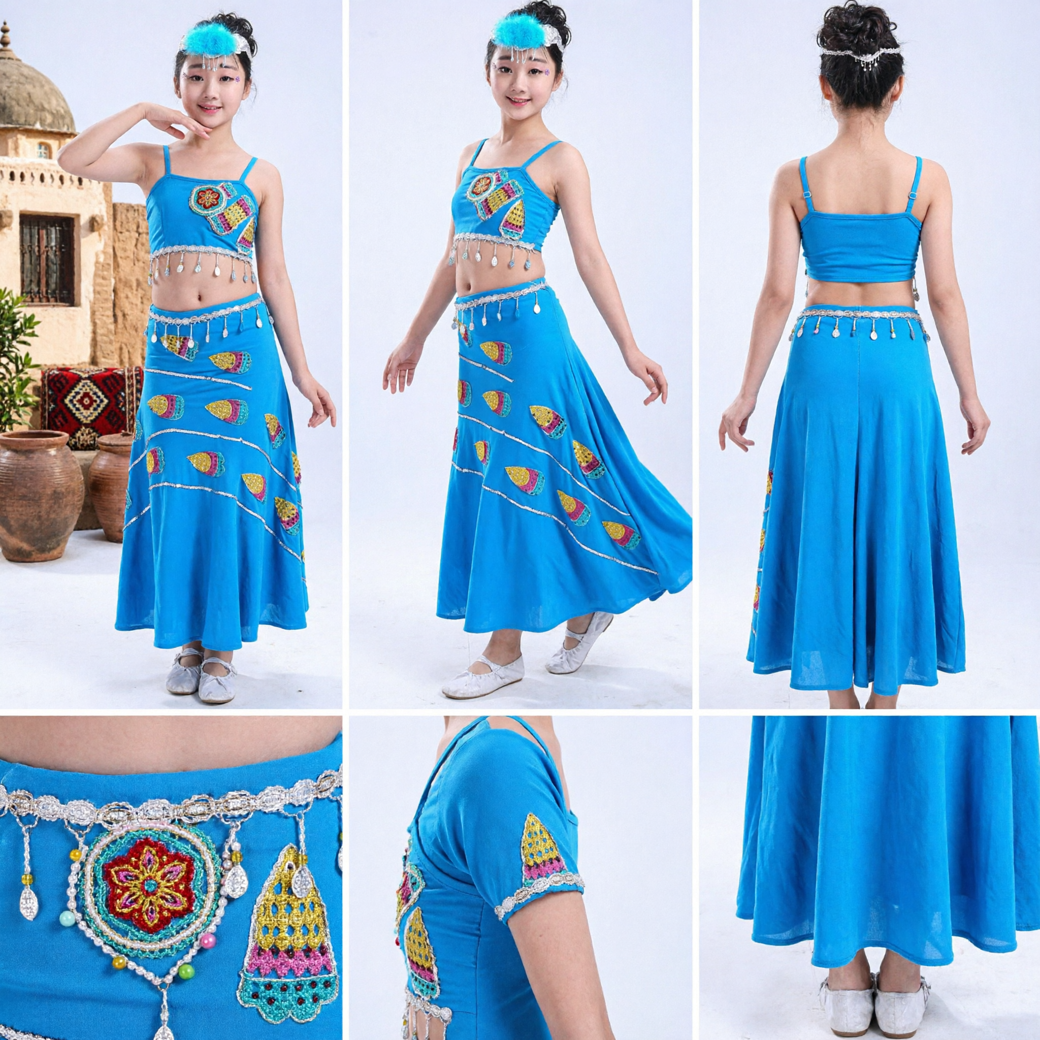 Chinese Dai Minority Peacock Dance Costume Blue Ethnic Folk Dress for Girls Kids Stage Performance - Asian Costume