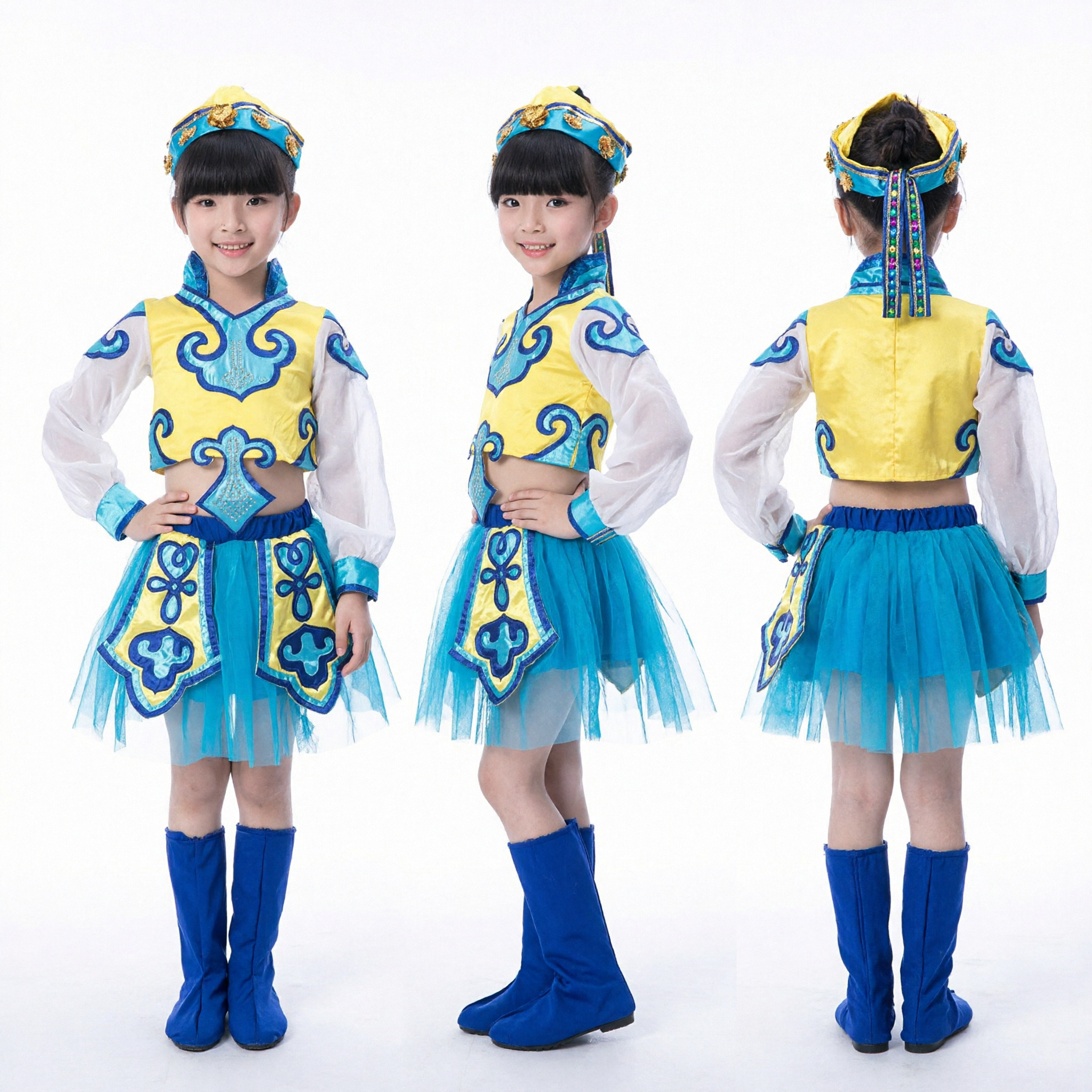 Kids Chinese Mongolian Folk Dance Costume Girls Traditional Ethnic Stage Performance Outfit Blue Yellow - Asian Costume