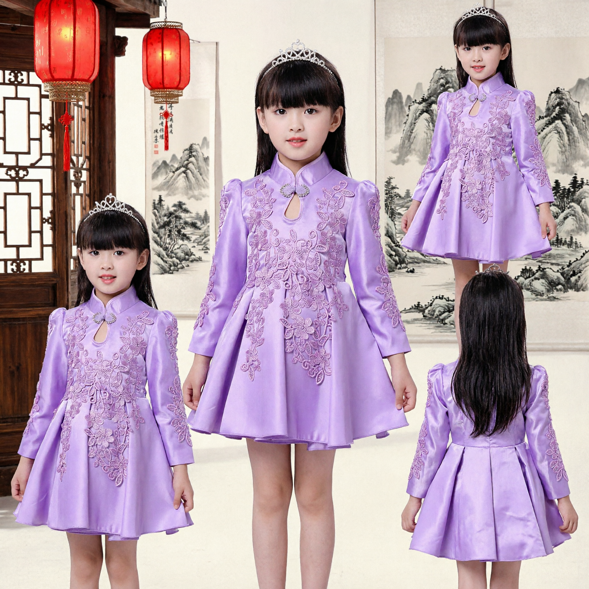 Kids Girls Purple Cheongsam Dress Traditional Chinese Qipao Long Sleeve Embroidery Wedding Party Performance Costume - Asian Costume