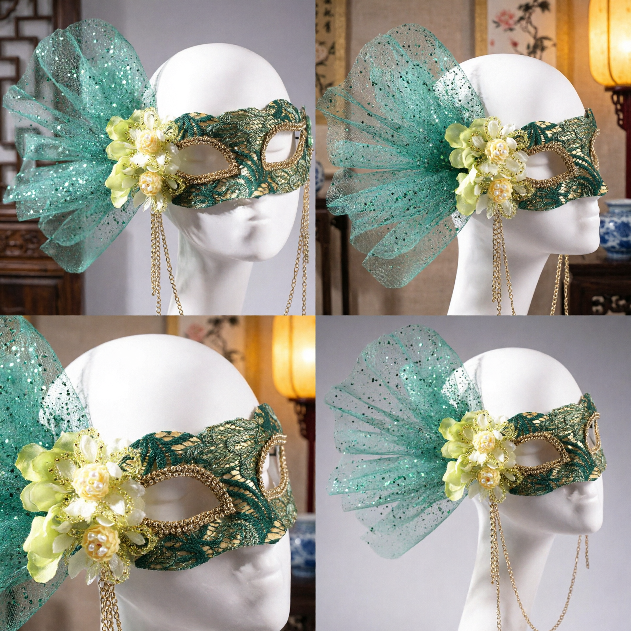 Elegant Green Lace Venetian Masquerade Mask with Flowers and Chains for Women Carnival Party - Asian Costume