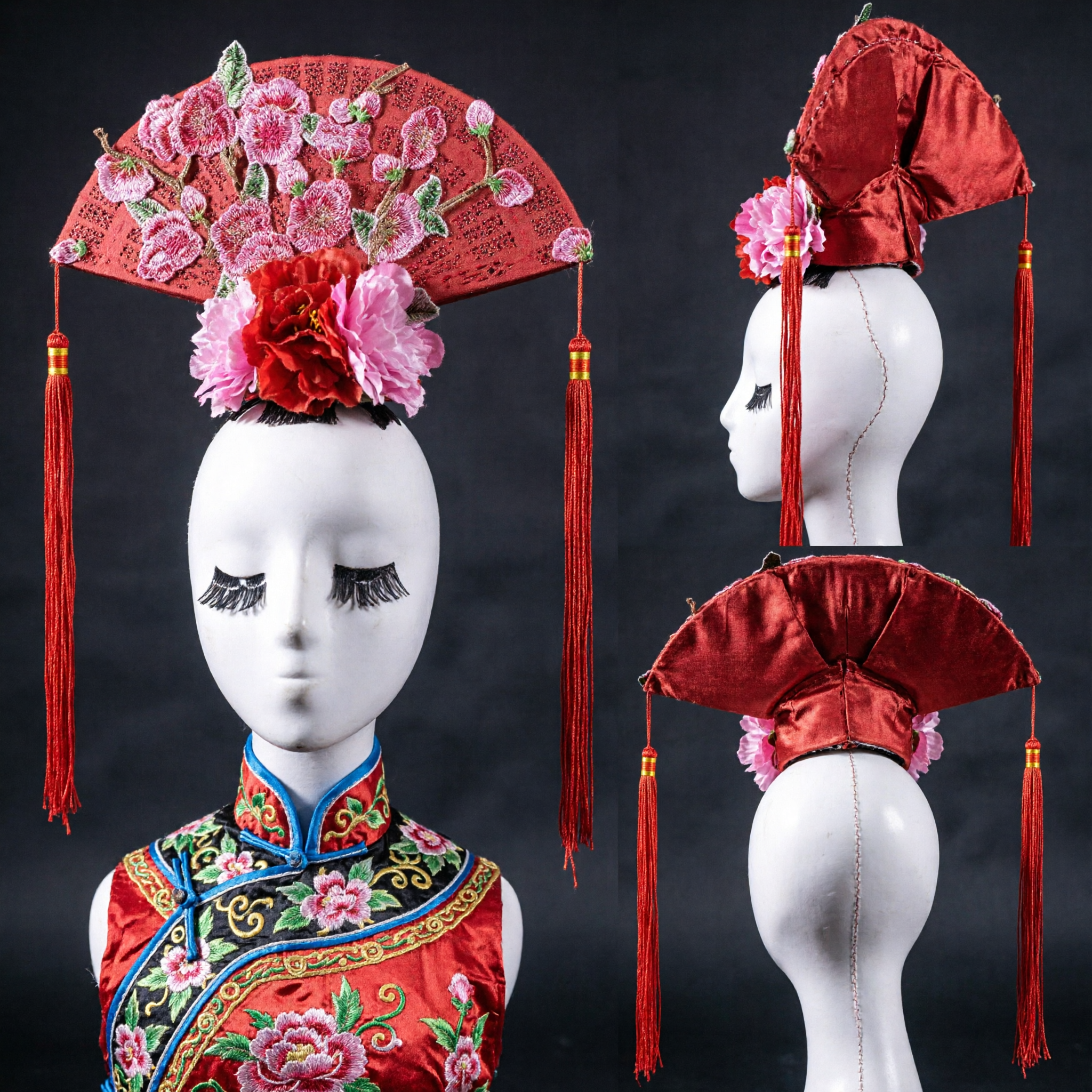 Traditional Chinese Qing Dynasty Manchu Fan Headdress with Floral Embroidery and Tassels for Hanfu Costume and Dance Performance - Asian Costume