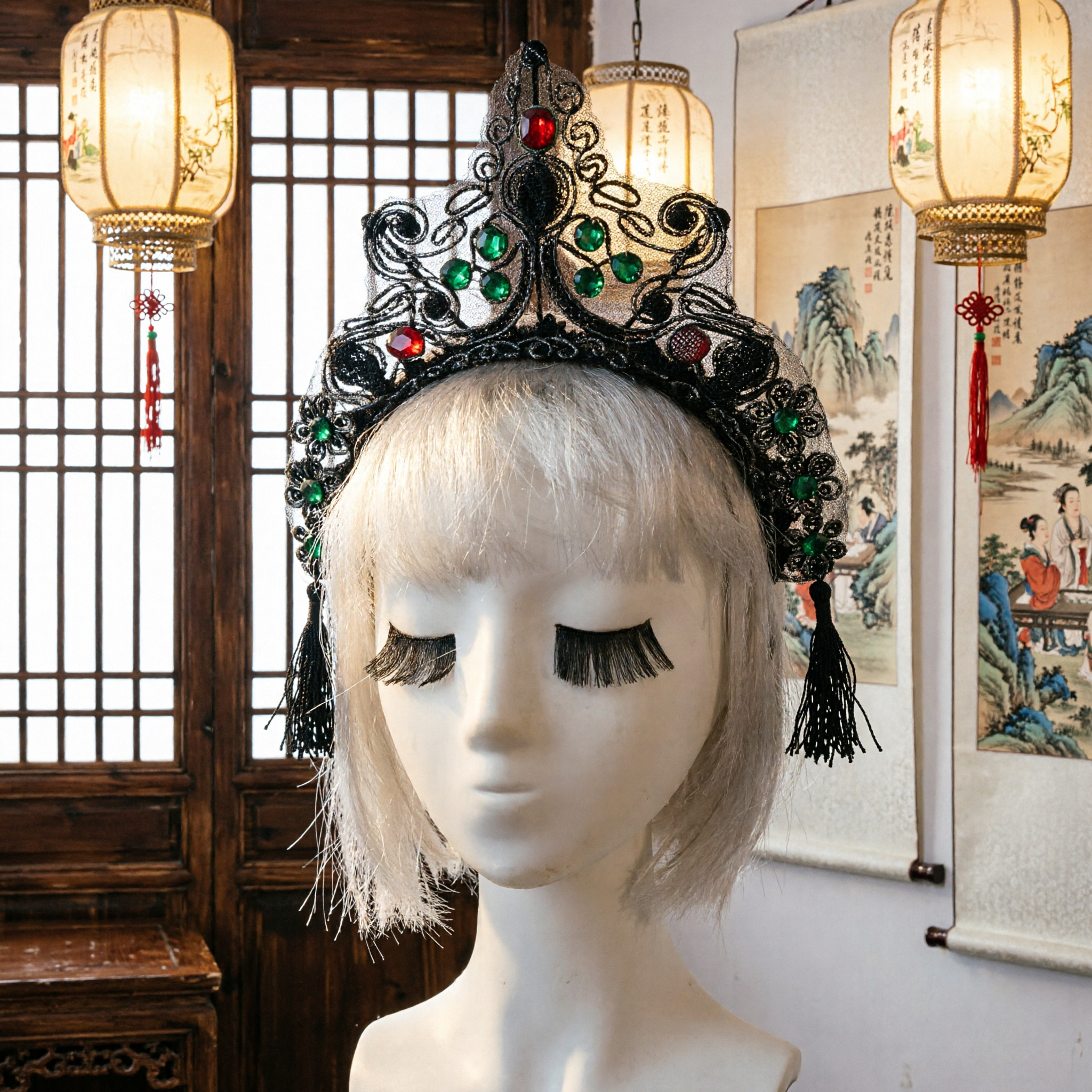 Traditional Chinese Black Lace Crown Hair Accessory with Gems for Hanfu Cosplay and Stage Performance - Asian Costume