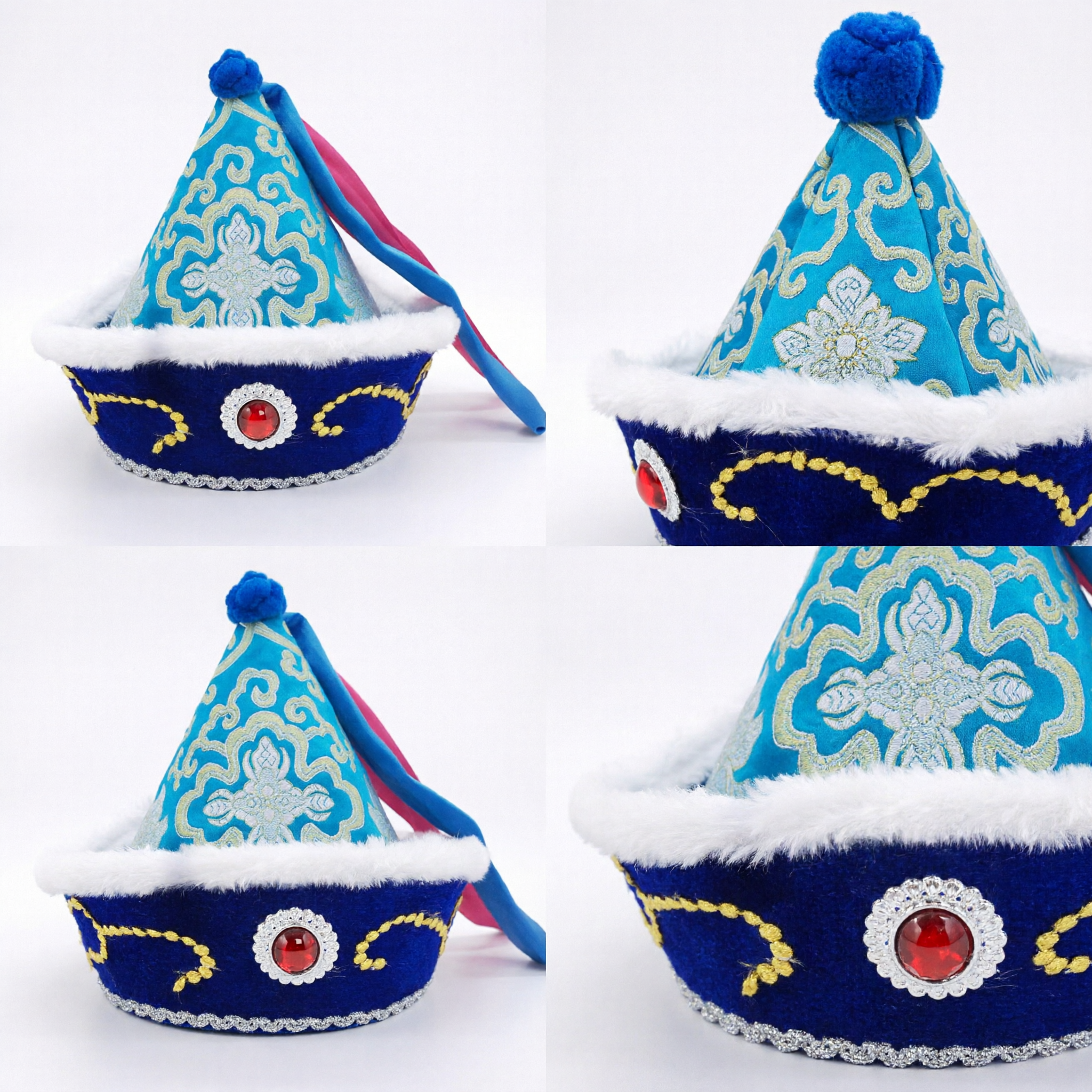 Traditional Chinese Mongolian Blue Embroidered Ethnic Hat with Fur Trim for Folk Dance Stage Performance - Asian Costume