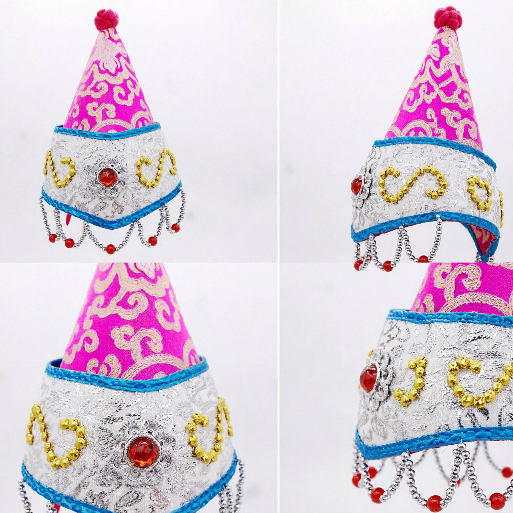 Traditional Chinese Folk Dance Hat Pink Cone Cap with Gold Embroidery and Beaded Tassels for Performance - Asian Costume