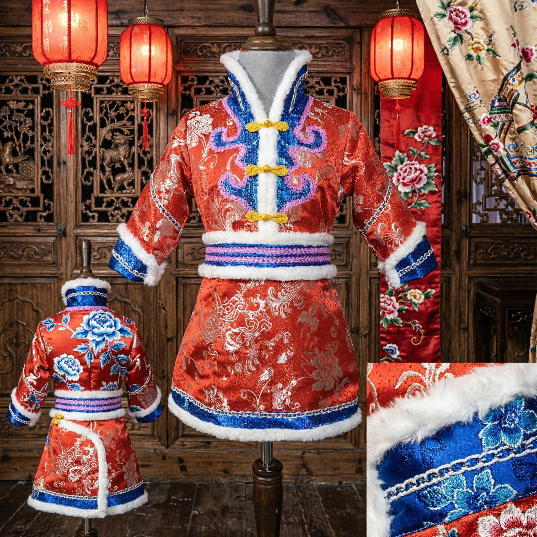 Kids Traditional Chinese Mongolian Folk Dance Costume Red Brocade Robe with Fur Trim Ethnic Performance Outfit - Asian Costume