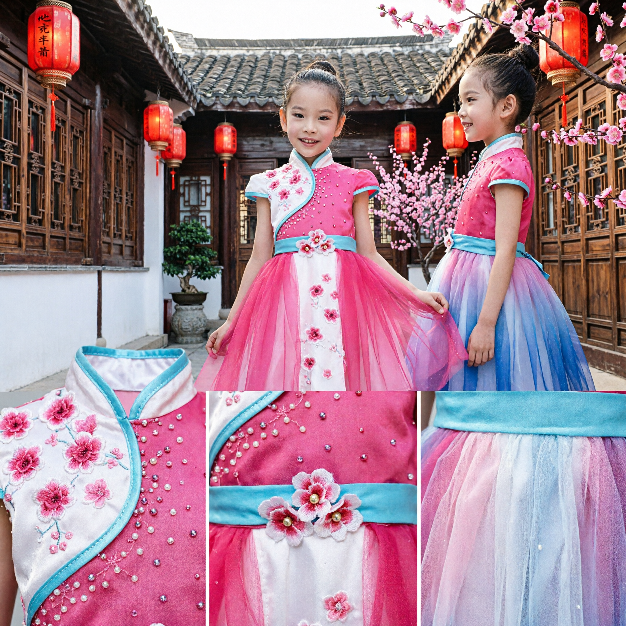 Pink Chinese Dance Costume for Girls Kids Cheongsam Ballet Tutu Dress Stage Performance Folk Dance Outfit - Asian Costume