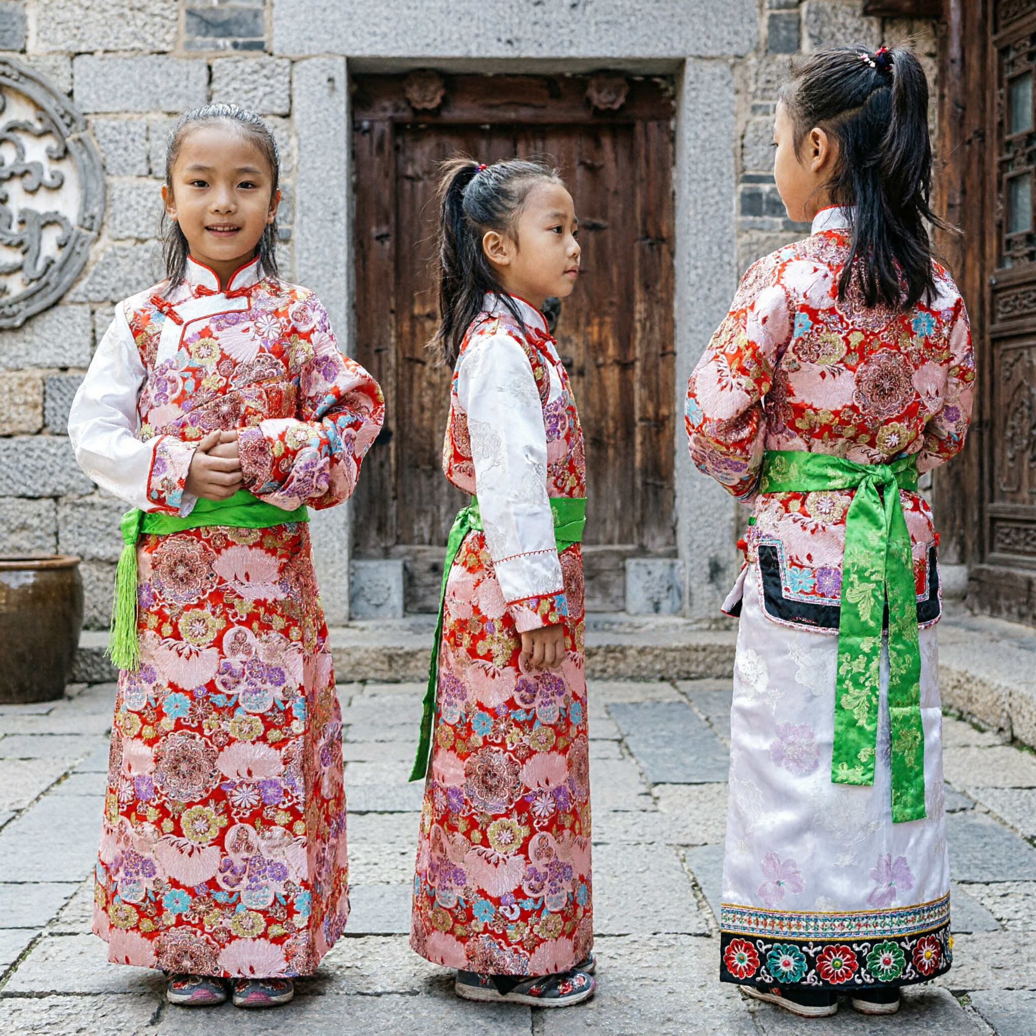 Traditional Korean Hanbok for Kids Girls Red Floral Wedding Dress Cultural Performance Costume - Asian Costume